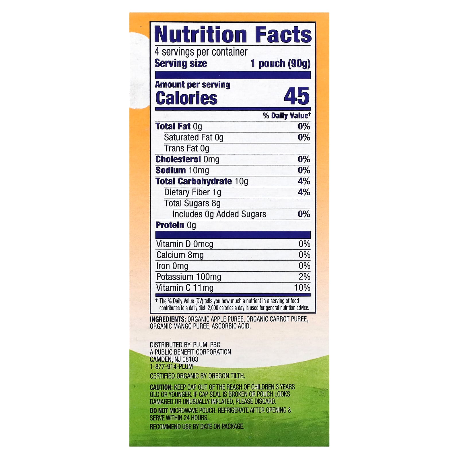 Plum Organics, Мэшапы из органического яблочного пюре с морковью и манго, 4 пакетика, 90 г (3,17 унции)