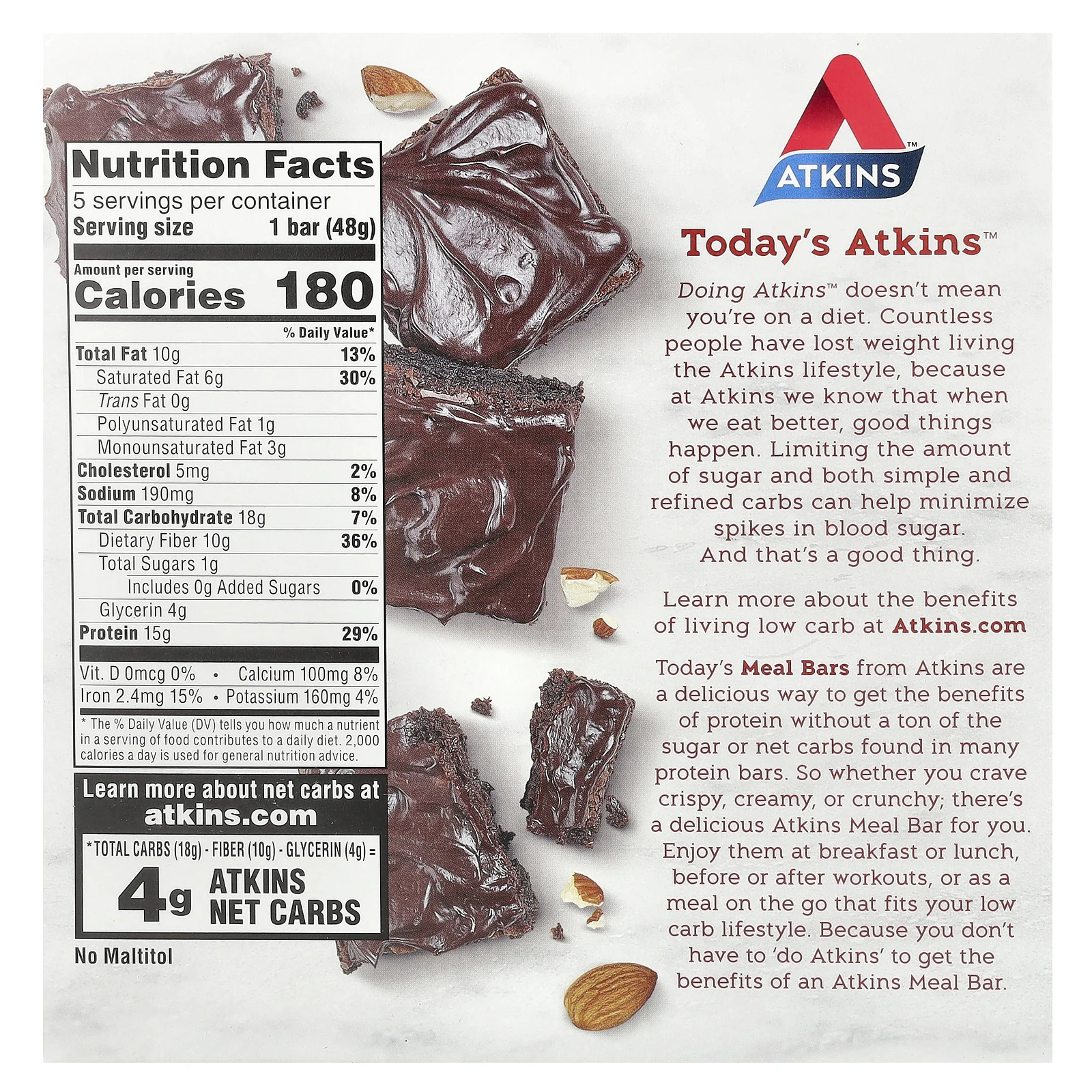 Atkins, Protein Meal Bar, шоколадный батончик с двойной помадкой, 5 батончиков, 48 г (1,69 унции)