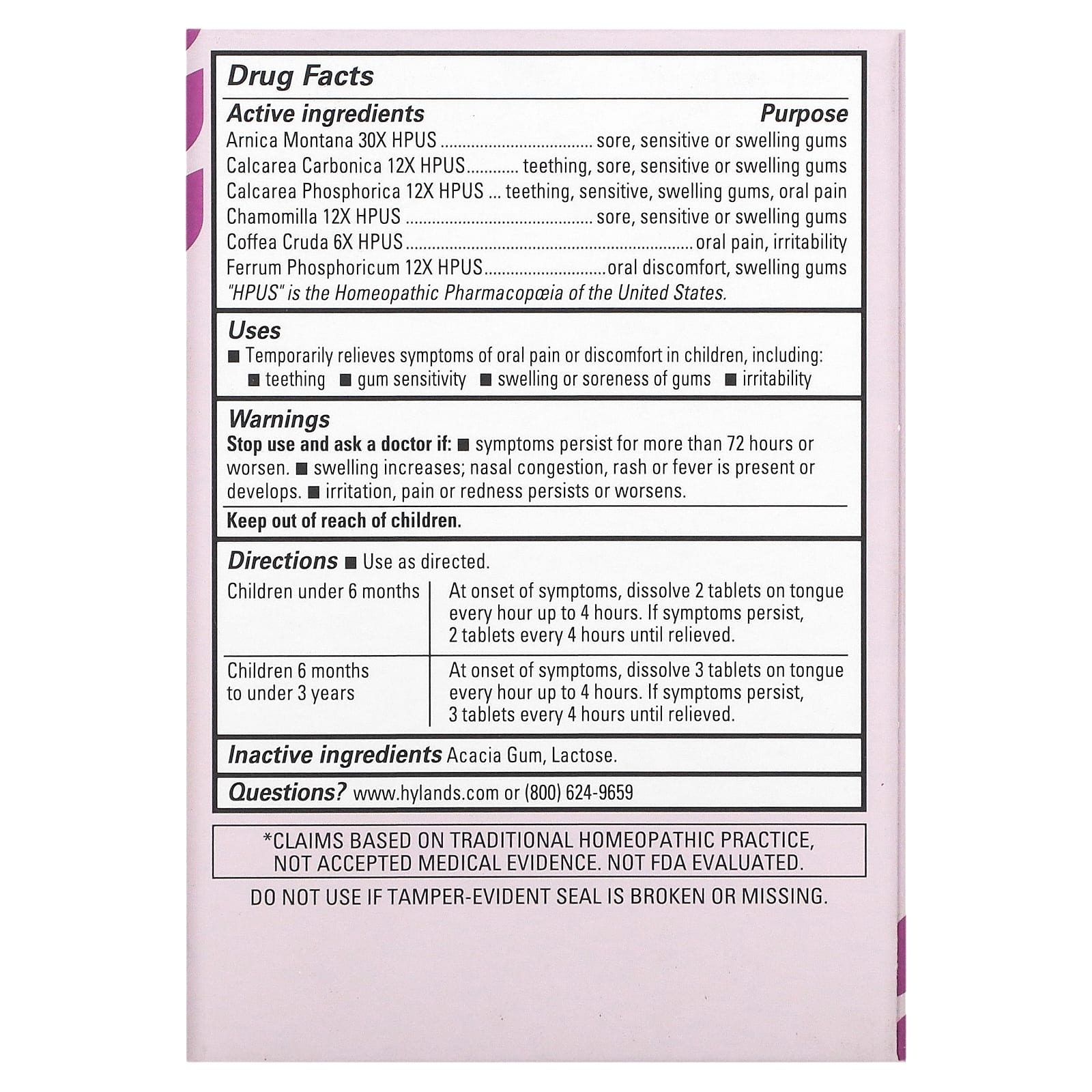 Hyland's Naturals, таблетки для облегчения боли в полости рта у грудных детей, для дневного приема, от 0 месяцев, 125 быстрорастворимых таблеток