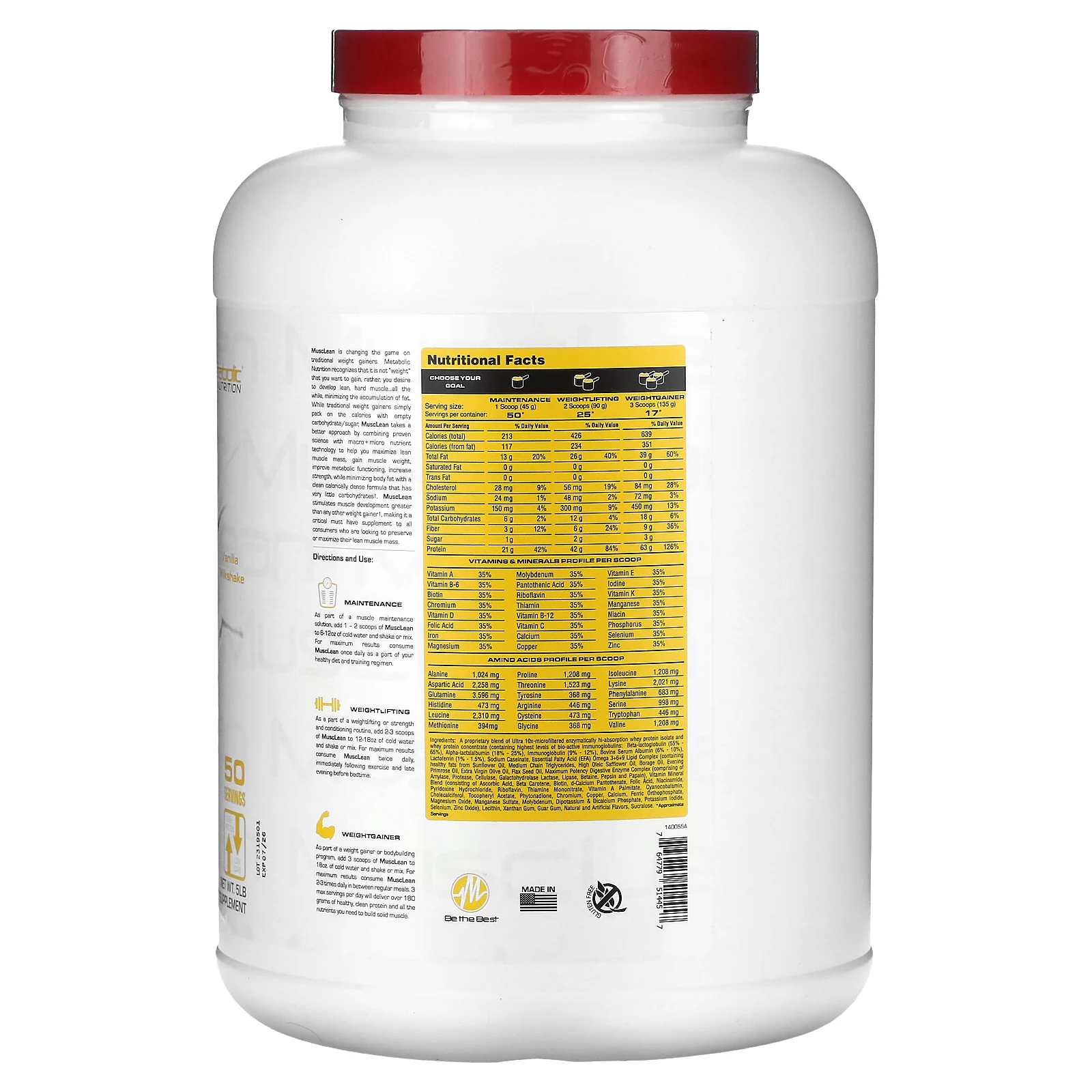 Metabolic Nutrition, MuscLean, средство для набора мышечной массы, ванильный молочный коктейль, 5 фунтов