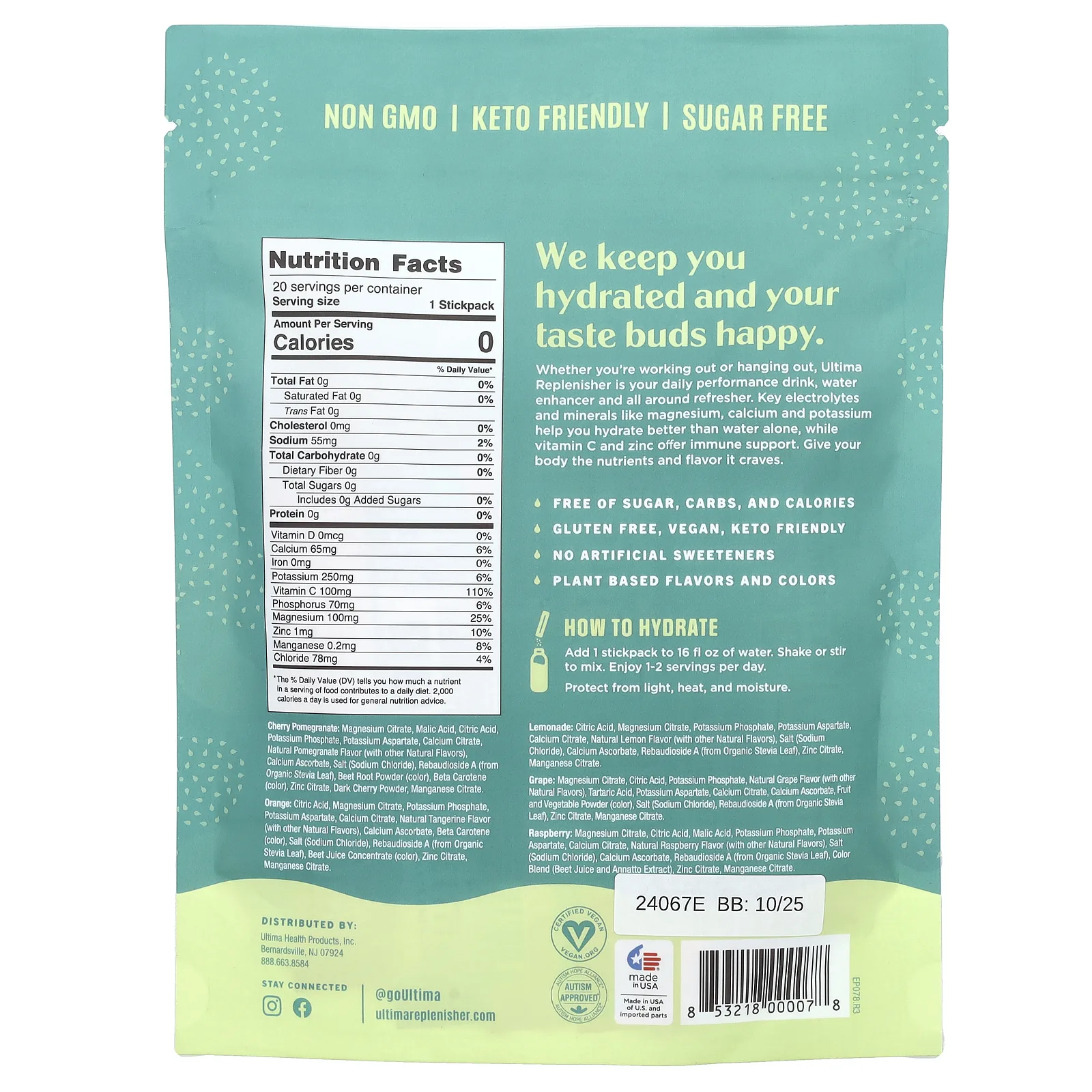 Ultima Replenisher, 6 незаменимых электролитов, ежедневная смесь электролитов, разнообразный набор, 20 стиков
