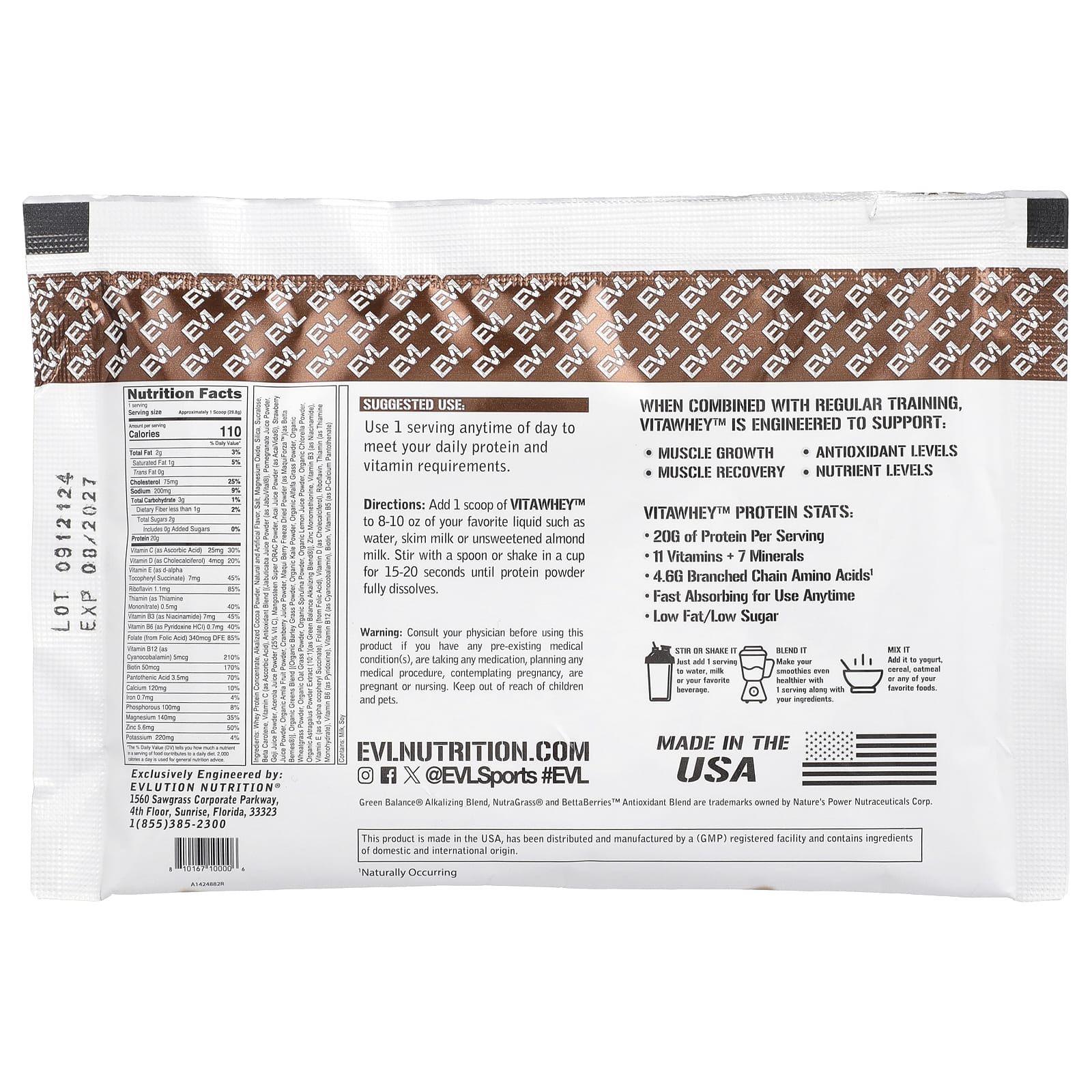 EVLution Nutrition, VitaWhey ™, шоколад, 3 пакетика по 29,8 г (1,1 унции)