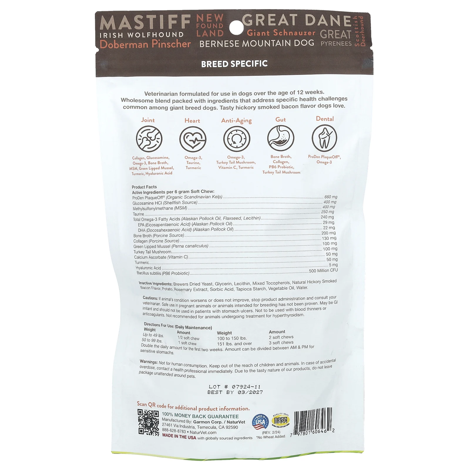 NaturVet, Giant Breeds, For Dogs, Hickory Smoked Bacon, 50 Soft Chews, 10.5 oz (300 g)