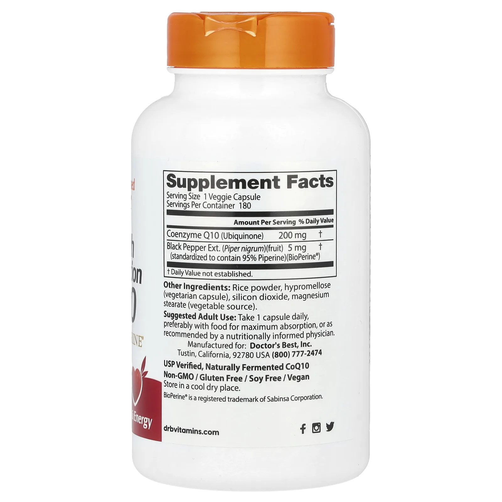 Doctor's Best, коэнзим Q10 с высокой степенью усвояемости, с BioPerine, 200 мг, 180 вегетарианских капсул