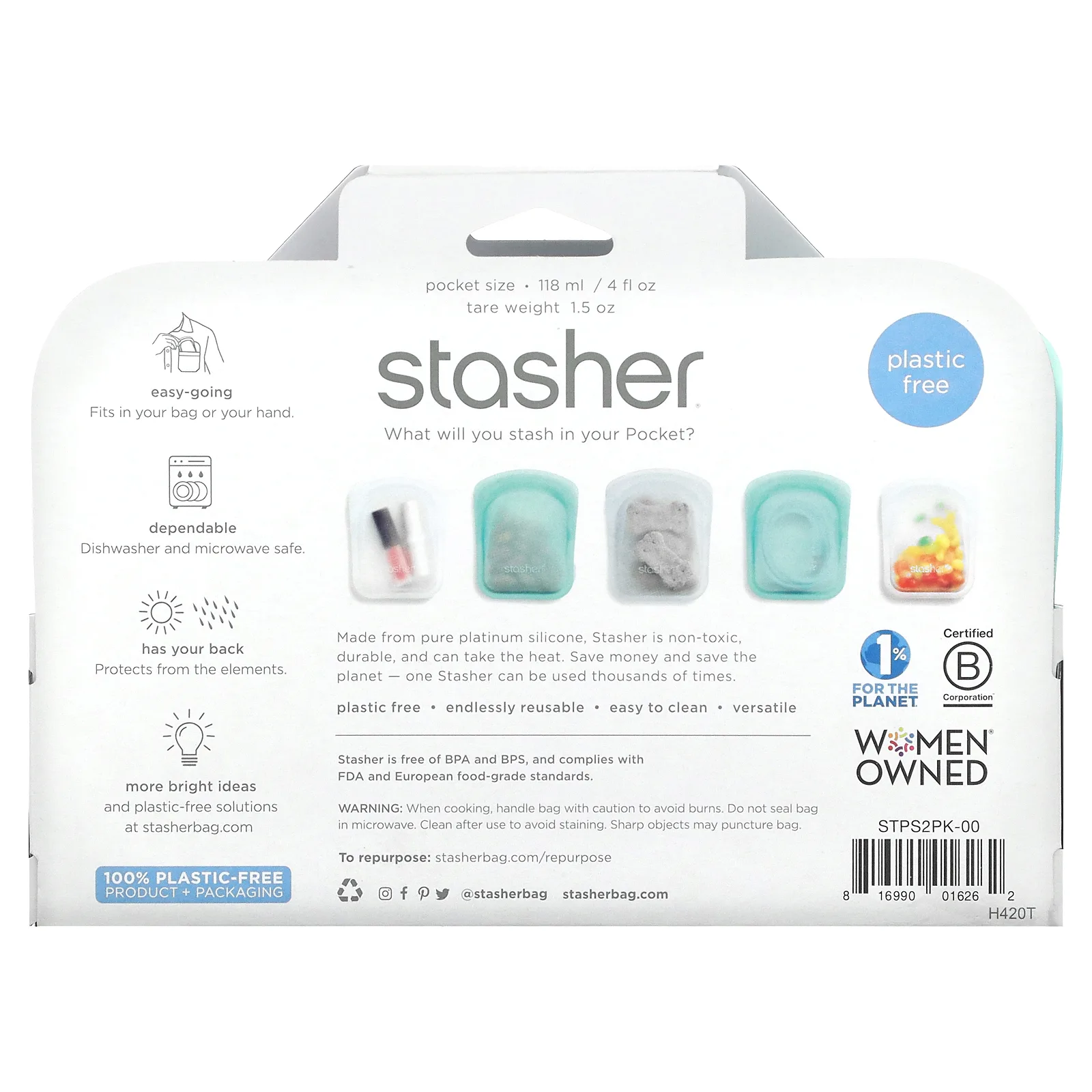 Stasher, силиконовый карман многоразового использования, прозрачный и голубой, 2 штуки, по 42 г (4 унции)