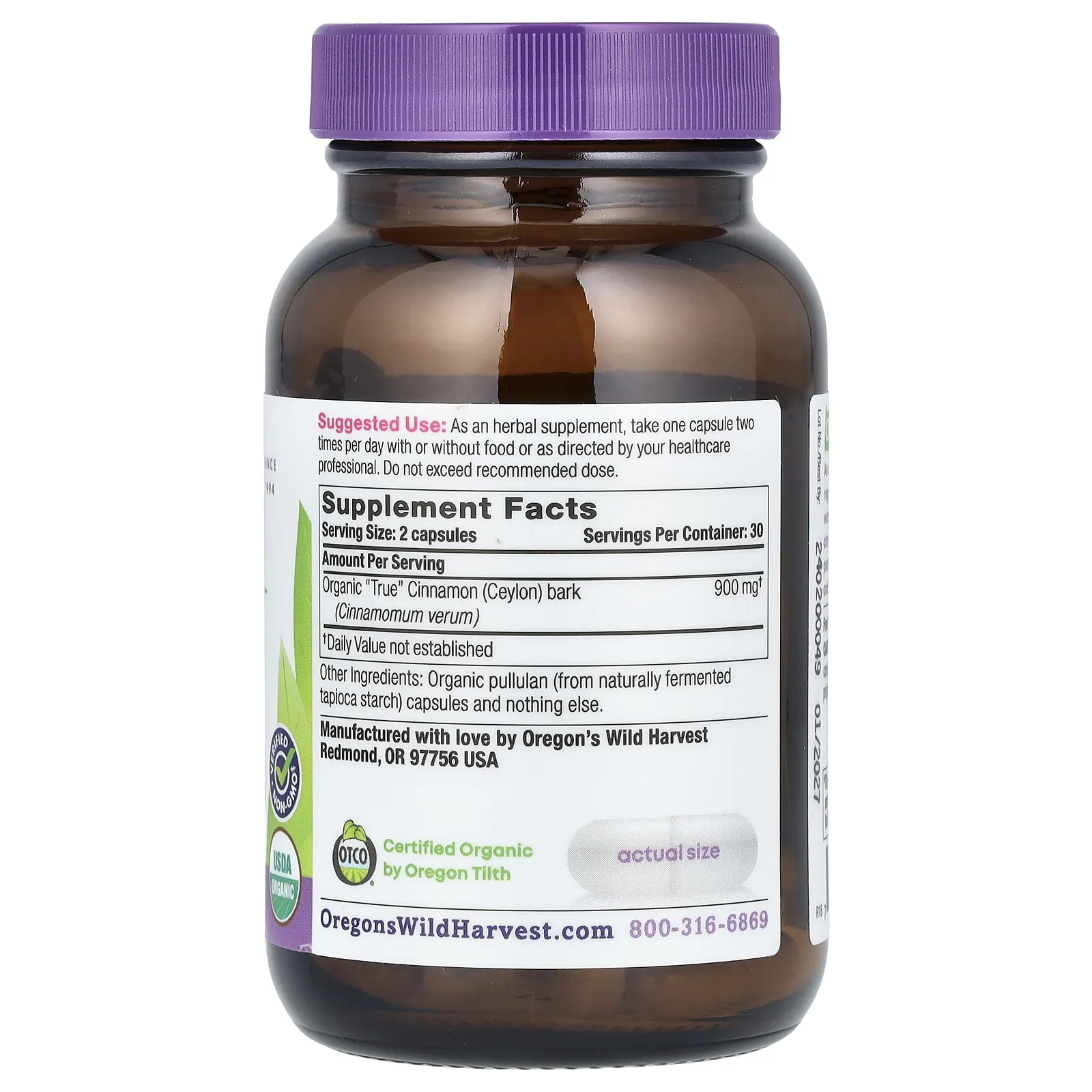 Oregon's Wild Harvest, Органическая «настоящая» корица (цейлонская), 60 органических веганских капсул