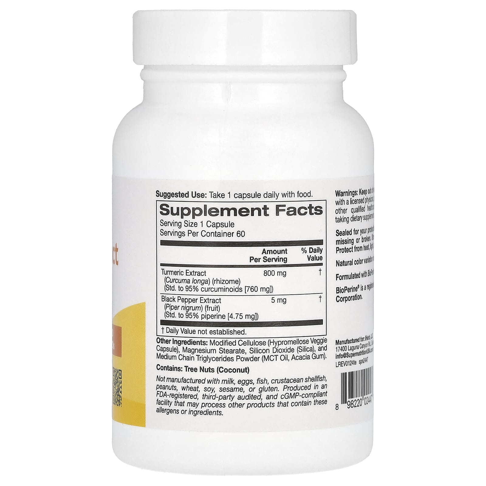 Super Nutrition, экстракт куркумы с Bioperine, 800 мг, 60 растительных капсул