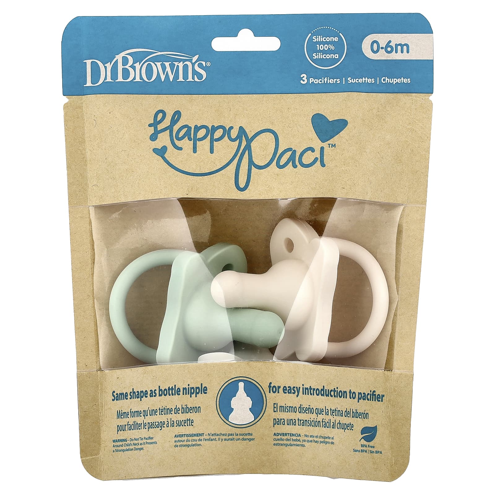 Dr. Brown's, HappyPaci™, соска для детей 0–6 месяцев, зеленый, серый и бежевый, 3 шт.