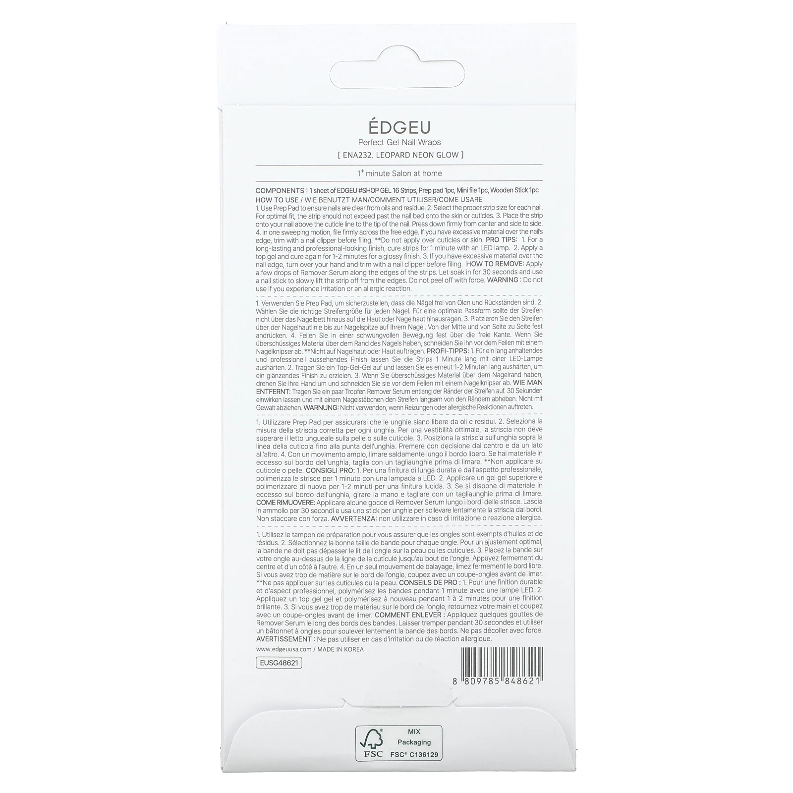Edgeu, Гелевые обертывания для ногтей Perfect, ENA232, леопардовое неоновое свечение, набор из 16 полосок