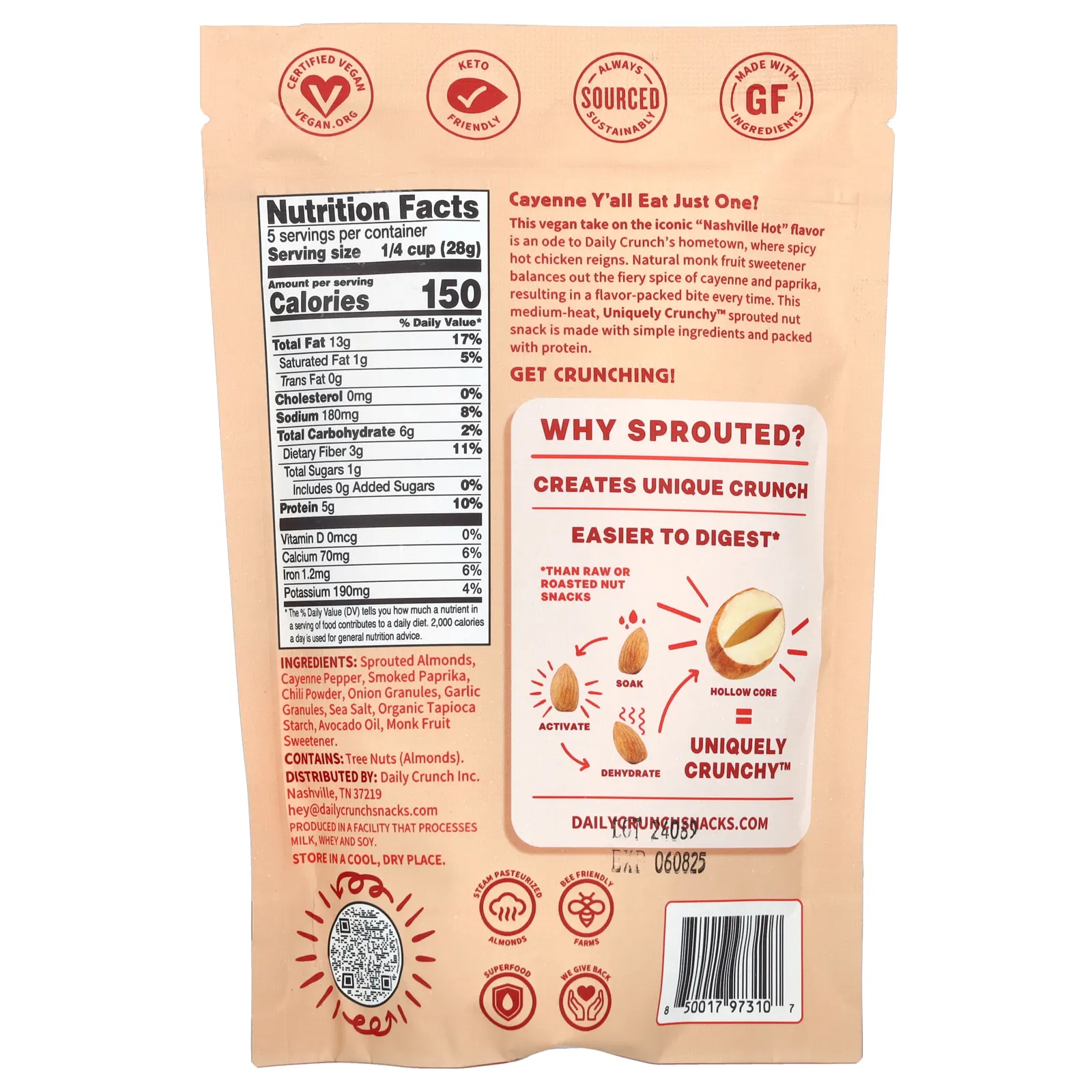 Daily Crunch, Пророщенный миндаль, острый по Нэшвиллу, 141 г (5 унций)