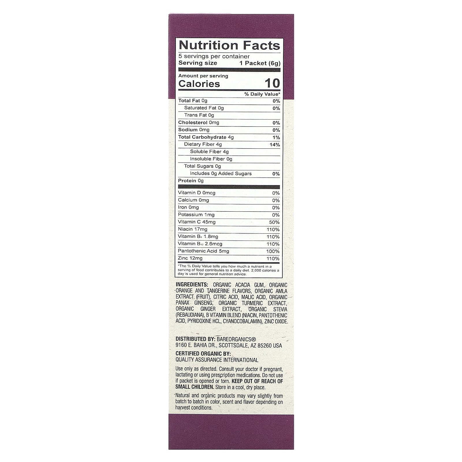 BareOrganics, Immunity, Superfood Water Enhancer, органический апельсин и мандарин, 5 пакетиков в стиках по 6 г (0,21 унции)