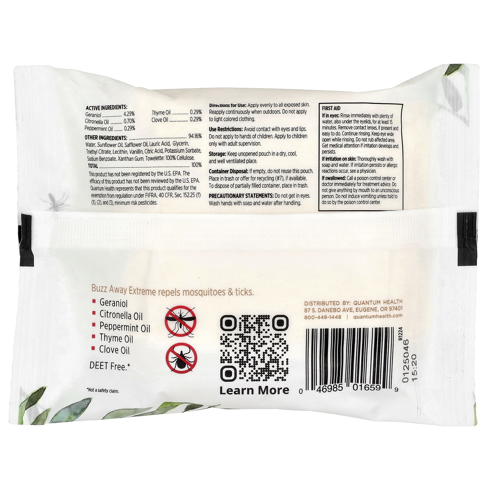 Quantum Health, Buzz Away Extreme®, средство от комаров и клещей, 20 салфеток, 73,2 г (2,58 унции)