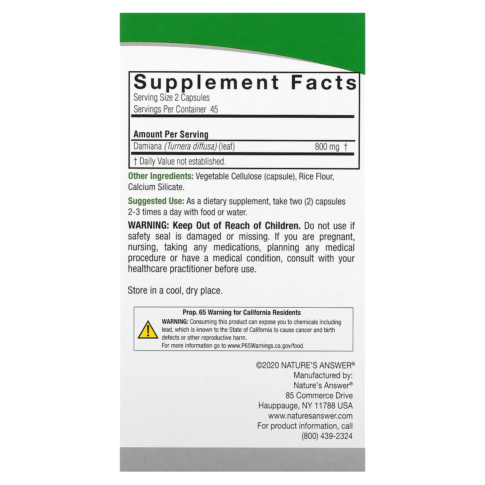 Nature's Answer, Damiana, 90 вегетарианских капсул