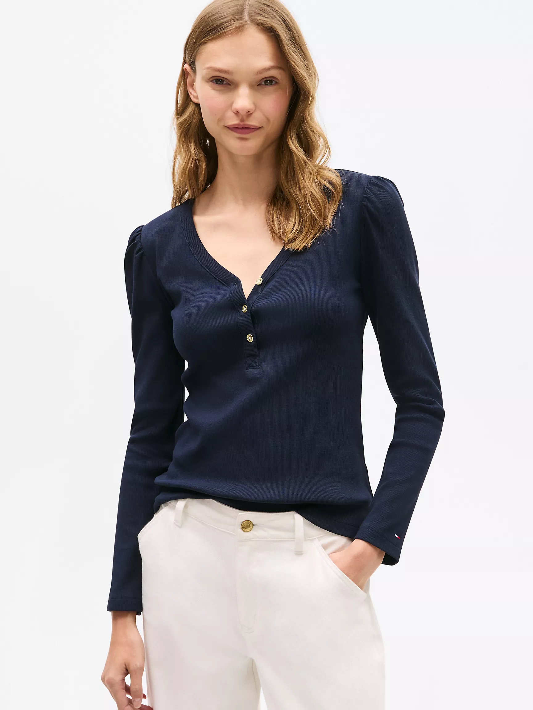 Женская футболка Tommy Hilfiger, Вязаная рубашка Henley с рукавами-фонариками