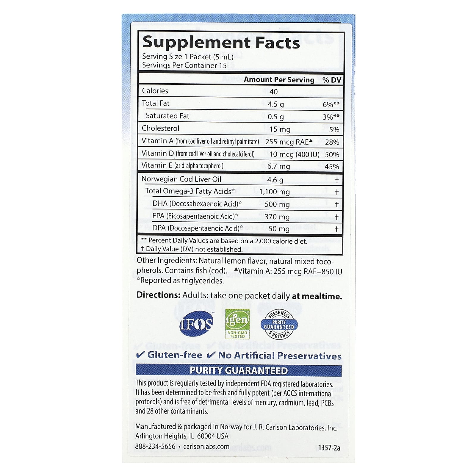 Carlson, Жир печени дикой норвежской трески, натуральный лимон, 15 пакетиков с жидкостью по 5 мл (0,17 жидк. Унции)
