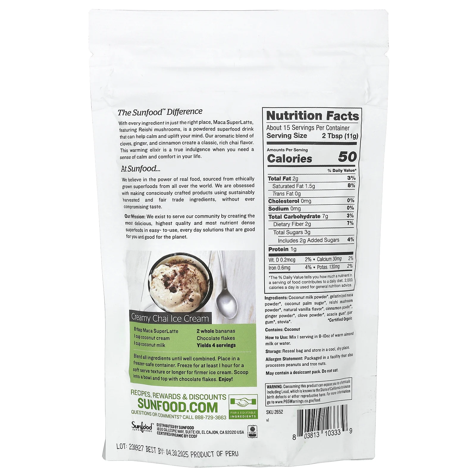 Sunfood, органический суперлатте из маки, 170 г (6 унций)