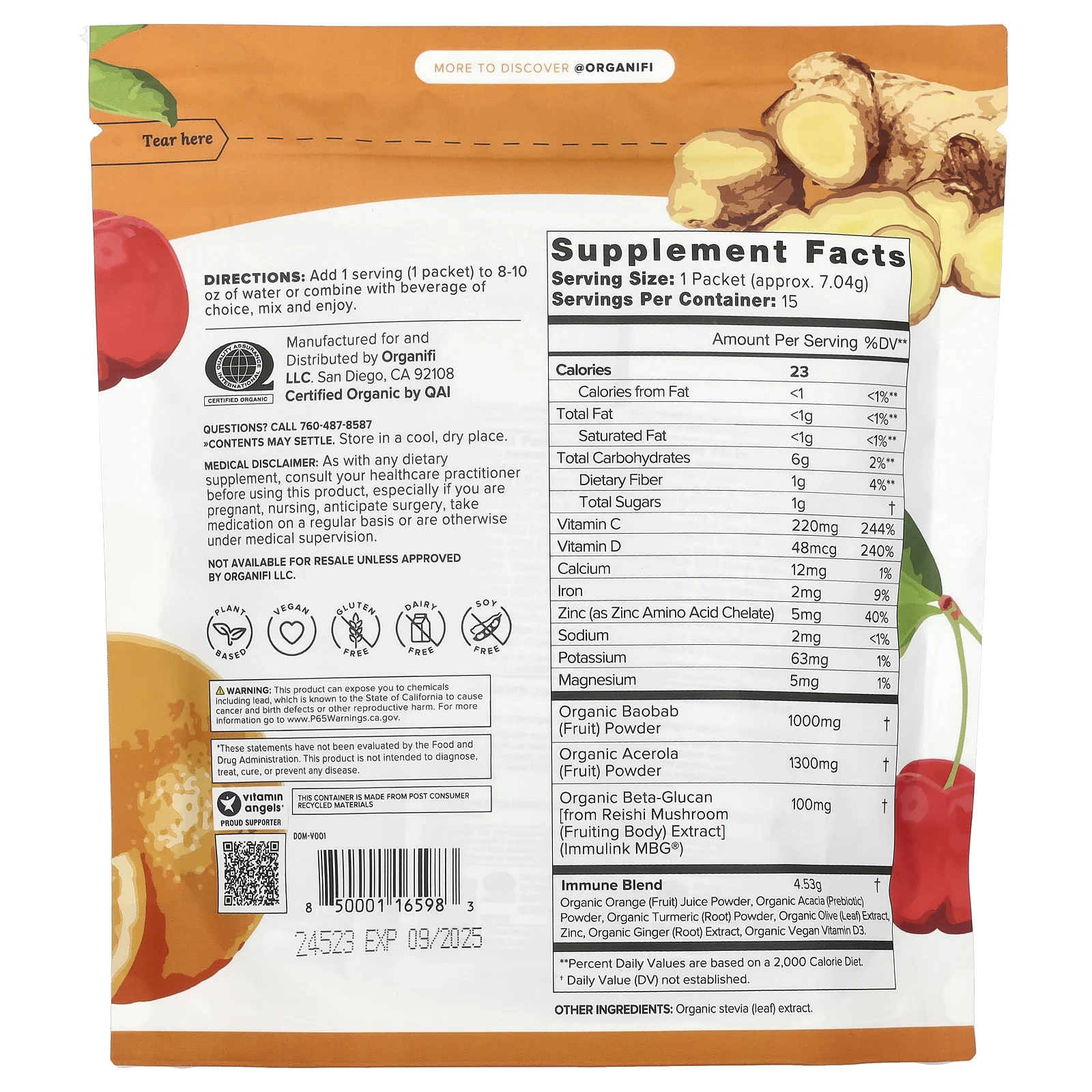 Organifi, Original Immunity, 15 дорожных упаковок, 105,6 г (3,72 унции)