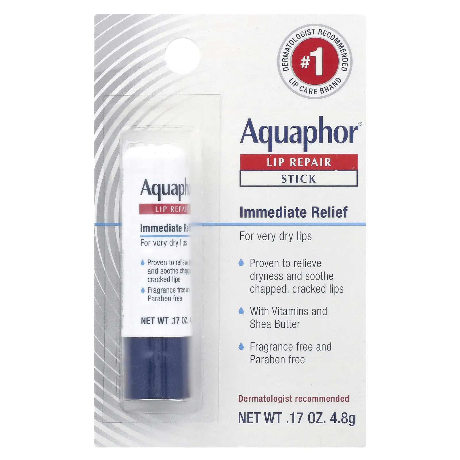 Aquaphor, Восстанавливающий бальзам для губ, помада, мгновенное восстановление, без запаха, 1 шт., 4,8 г (0,17 унции)