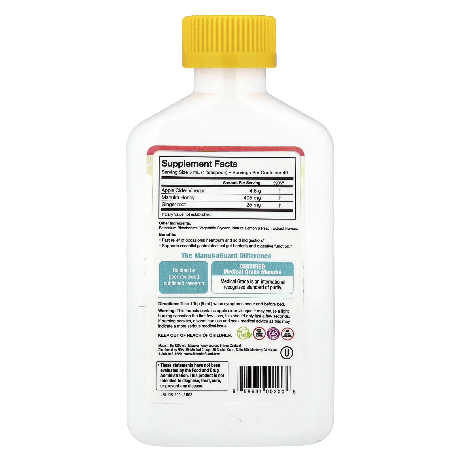 ManukaGuard, мед манука, натуральный мед манука, лимон и персик, 200 мл (6,8 унции)