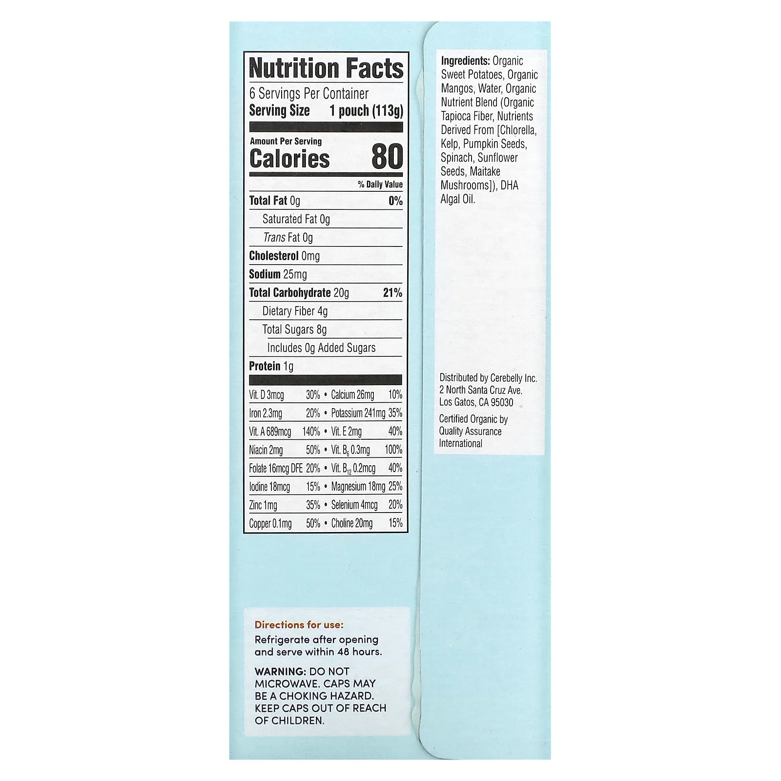 Cerebelly, Organic Baby Puree, Sweet Potato, Mango, 6 Pouches, 4 oz (113 g) Each