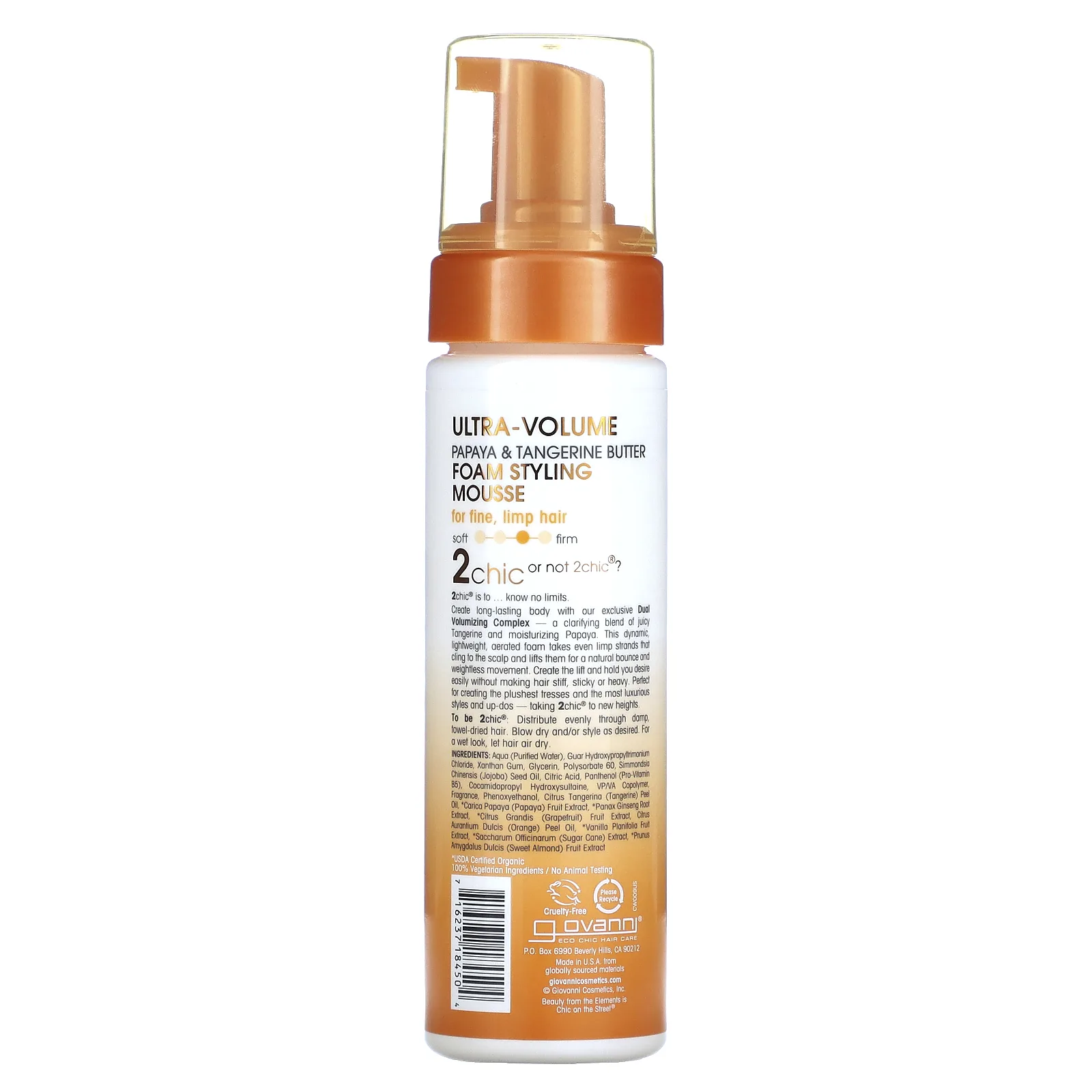 Giovanni, 2chic, мусс для укладки волос и создания ультраобъема, для тонких и слабых волос, папайя и масло мандарина, 207 мл (7 жидк. унций)