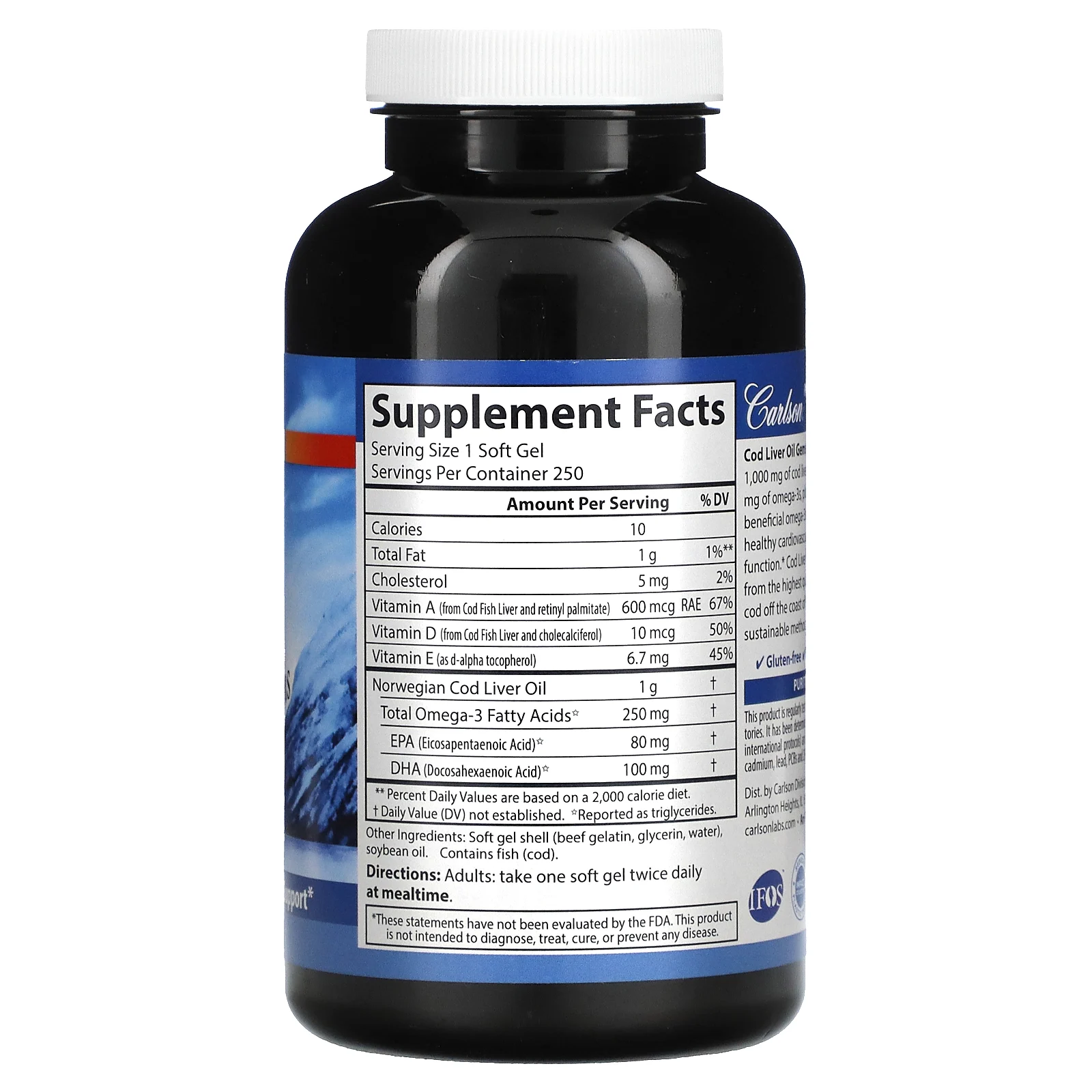 Carlson, Cod Liver Oil Gems, капсулы из жира печени дикой норвежской трески, высшего качества, 1000 мг, 250 капсул