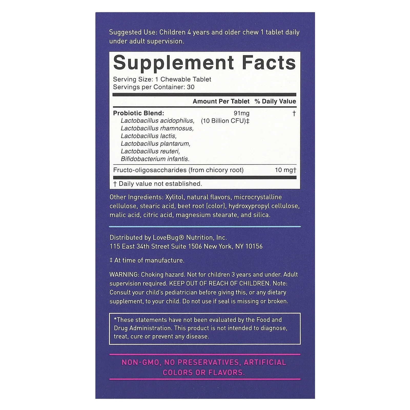 LoveBug Probiotics, пробиотики для детей, от 4 лет, с ягодным вкусом,10 млрд КОЕ, 30 жевательных таблеток