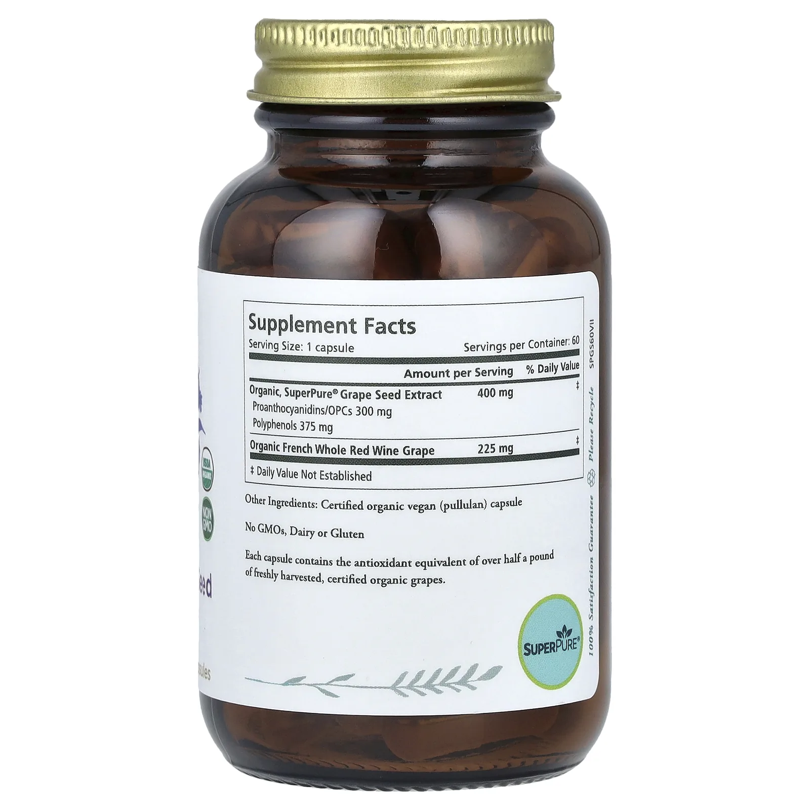 Pure Synergy, сверхчистые косточки винограда, органический экстракт, 60 капсул