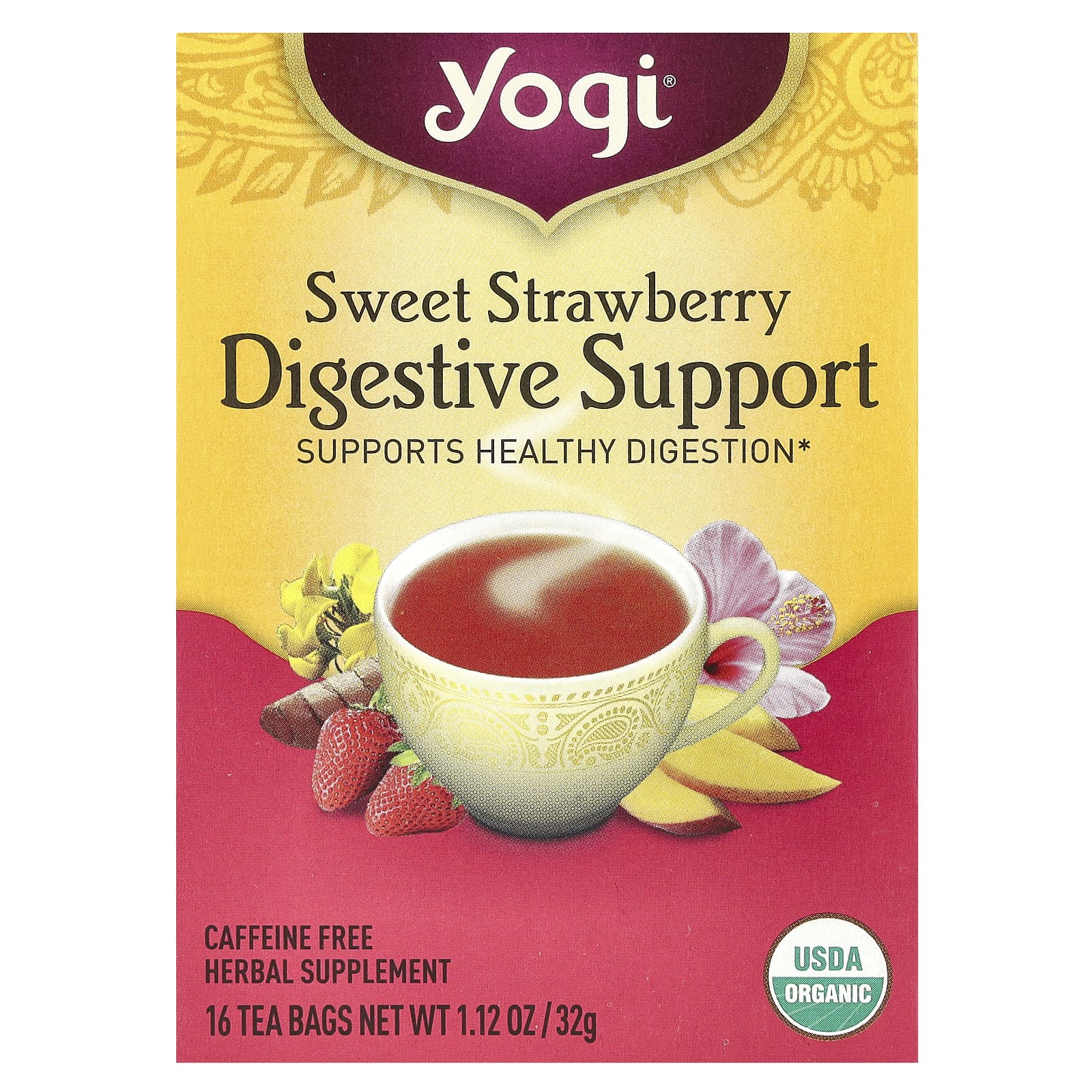 Yogi Tea, поддержка пищеварительной системы, сладкая клубника, без кофеина, 16 чайных пакетиков, 32 г (1,12 унции)