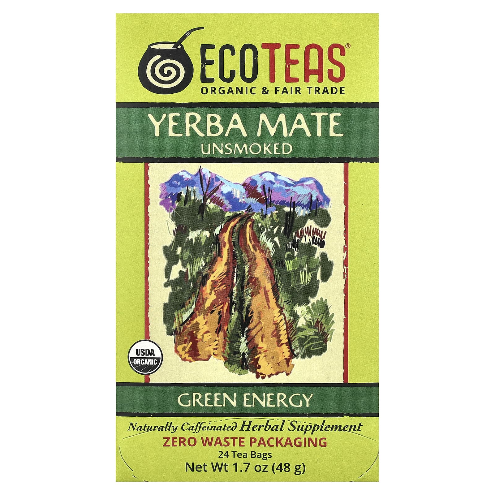 EcoTeas, Yerba Mate, некопченный, зеленая энергия, 24 чайных пакетика, 48 г (1,7 унции)