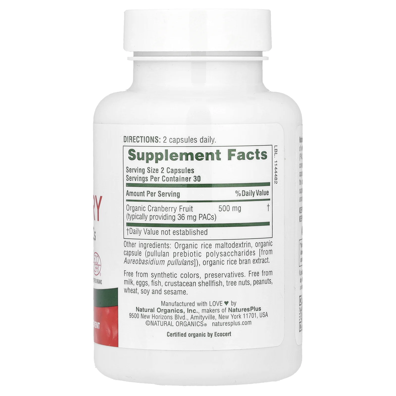 NaturesPlus, органическая клюква, 500 мг, 60 капсул (250 мг в 1 капсуле)