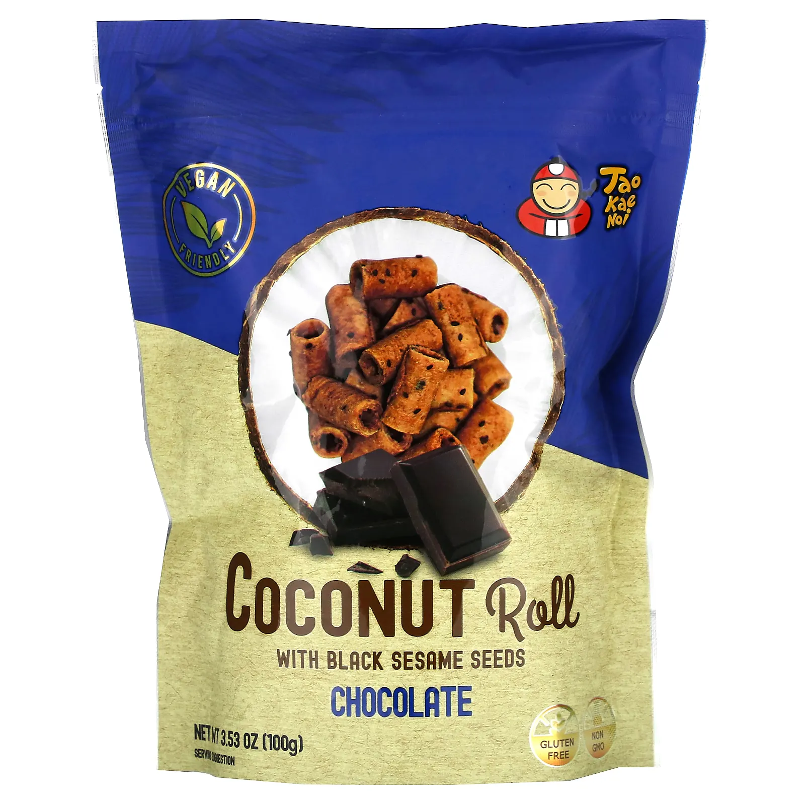 Tao Kae Noi, Кокосовый рулет с семенами черного кунжута, шоколад, 100 г (3,53 унции)