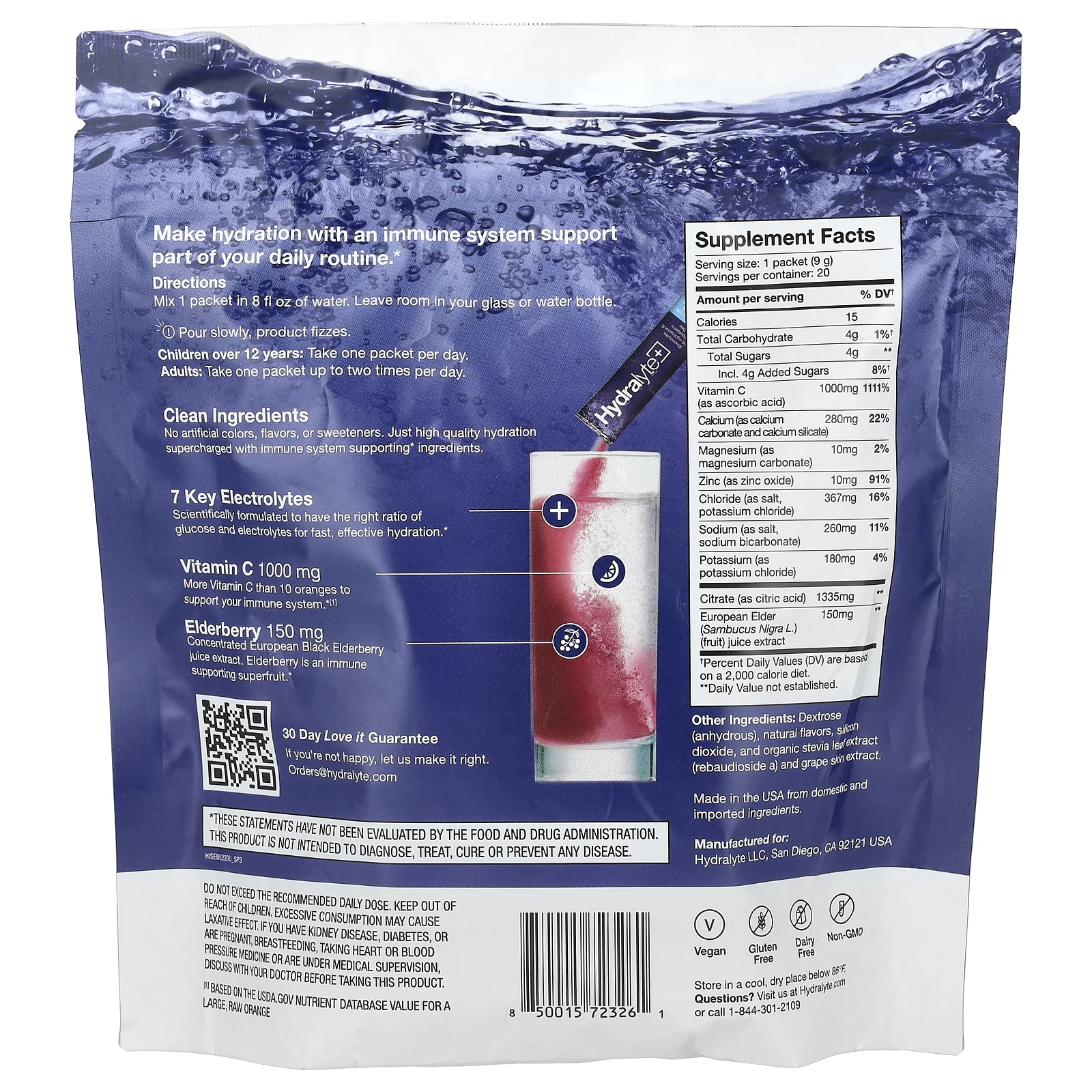 Hydralyte Plus +, порошок с шипучим электролитом, ягодный вкус, 20 пакетиков по 9 г (0,31 унции)