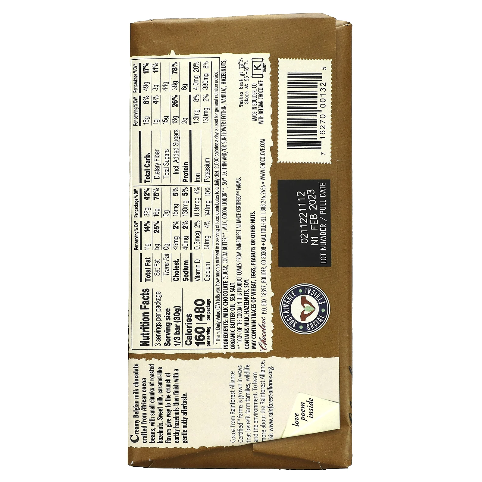 Chocolove, Молочный шоколад с фундуком, 33% какао, 90 г (3,2 унции)