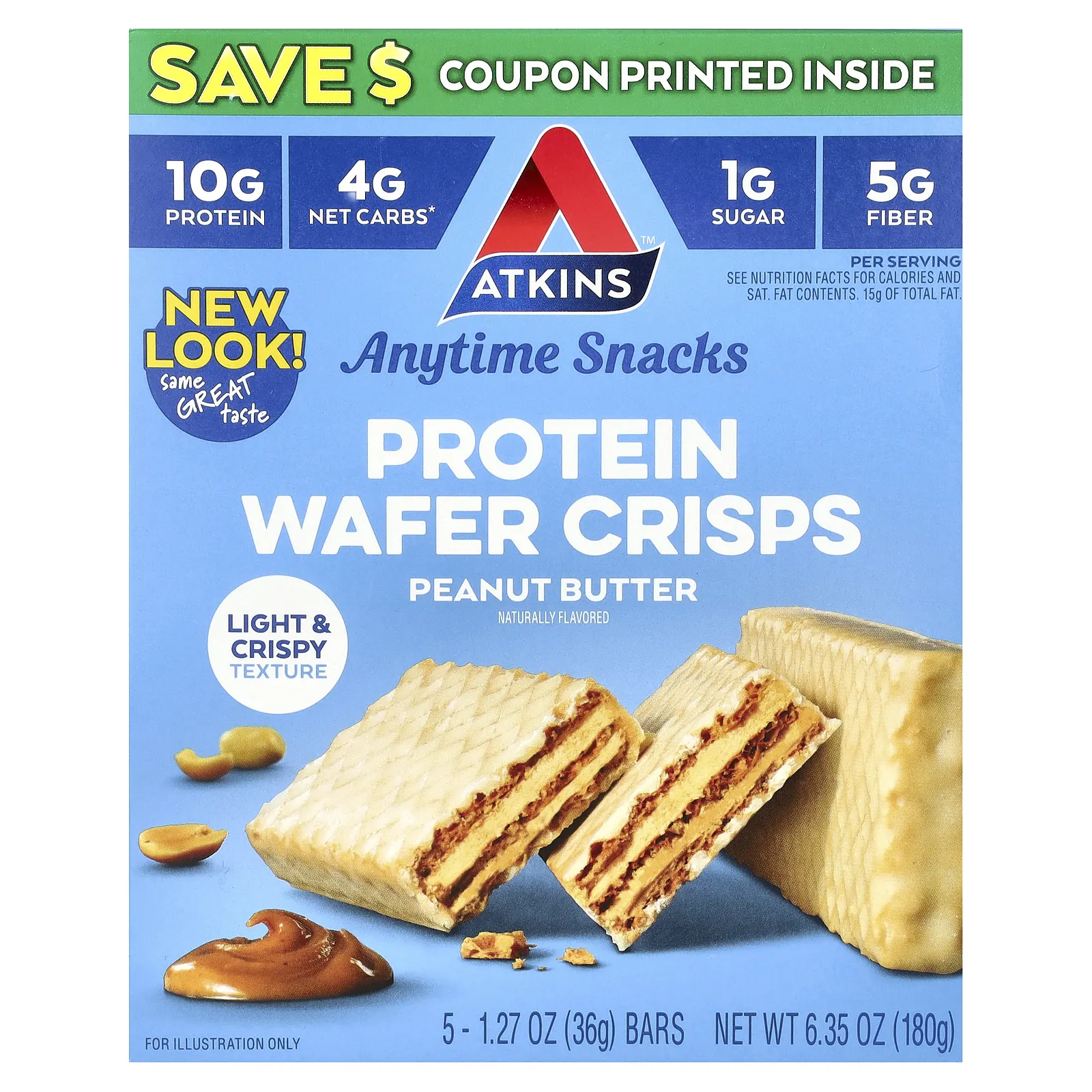 Atkins, Anytime Snacks, протеиновые вафли, с арахисовой пастой, 5 шт. по 36 г (1,27 унции)