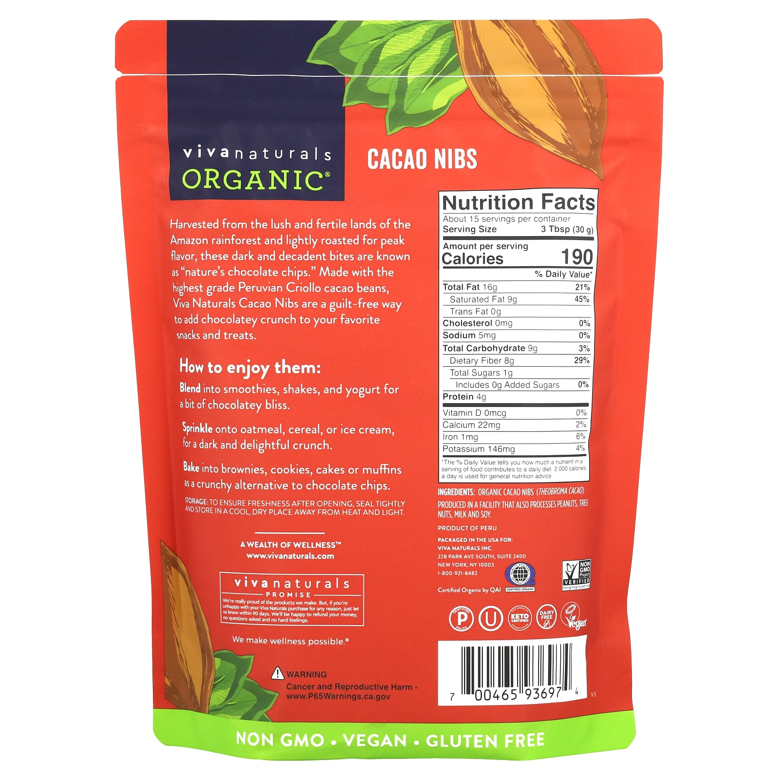 Viva Naturals, Органические ядра какао-бобов, 454 г (1 фунт)