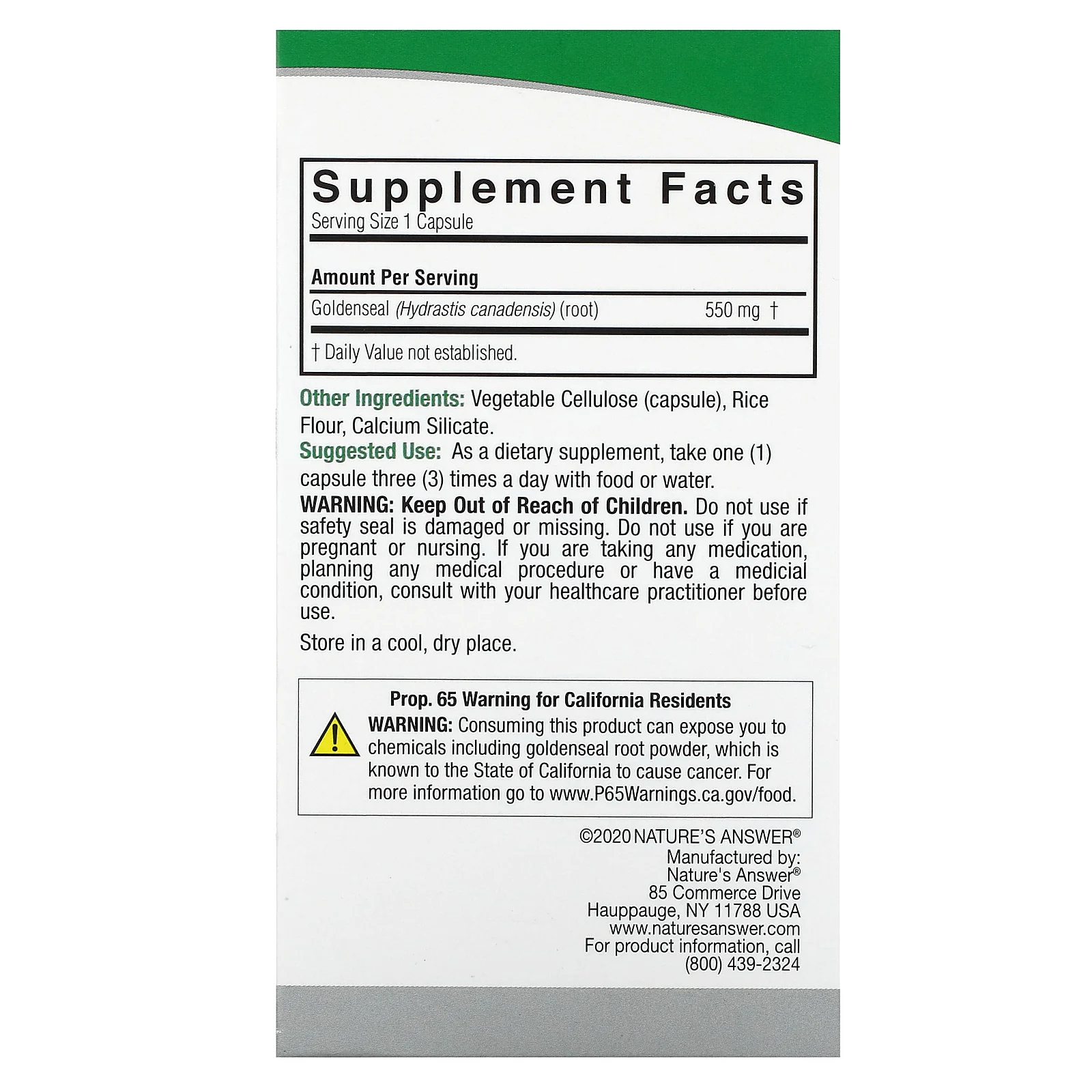 Nature's Answer, корень желтокорня, 550 мг, 50 вегетарианских капсул