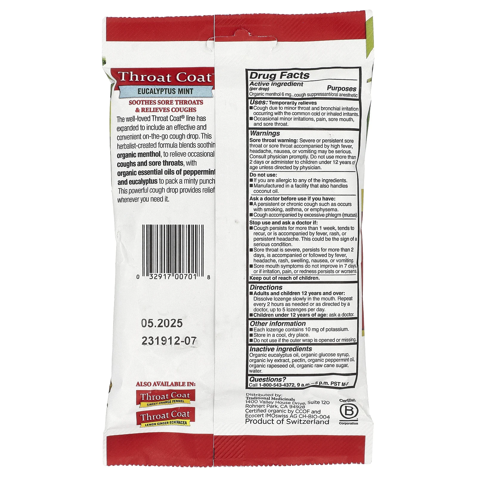 Traditional Medicinals, Organic Throat Coat Drops, эвкалиптовая мята, 16 леденцов от кашля с ментолом