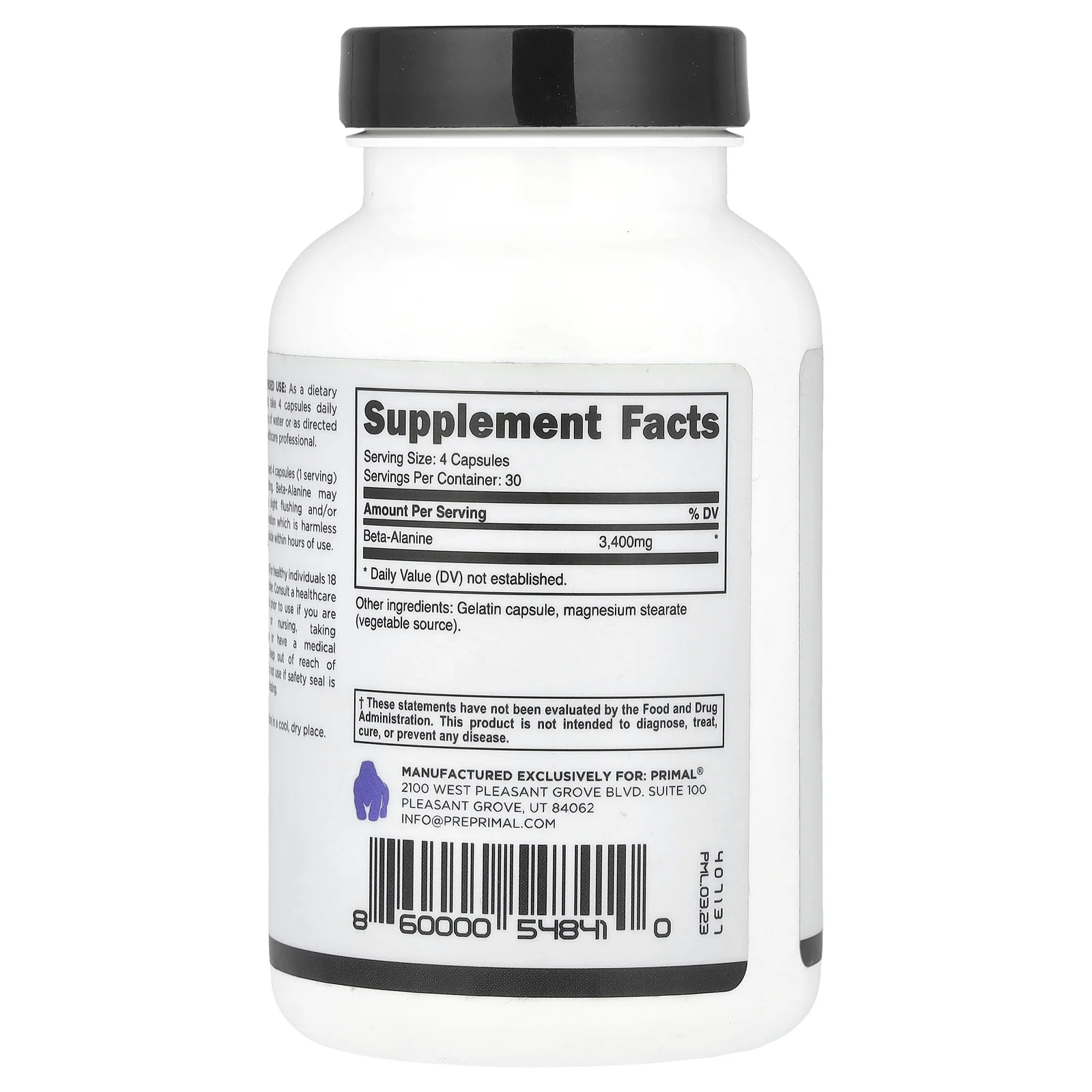 PrePrimal, Бета-аланин, 3400 мг, 120 капсул (850 мг в каждой капсуле)