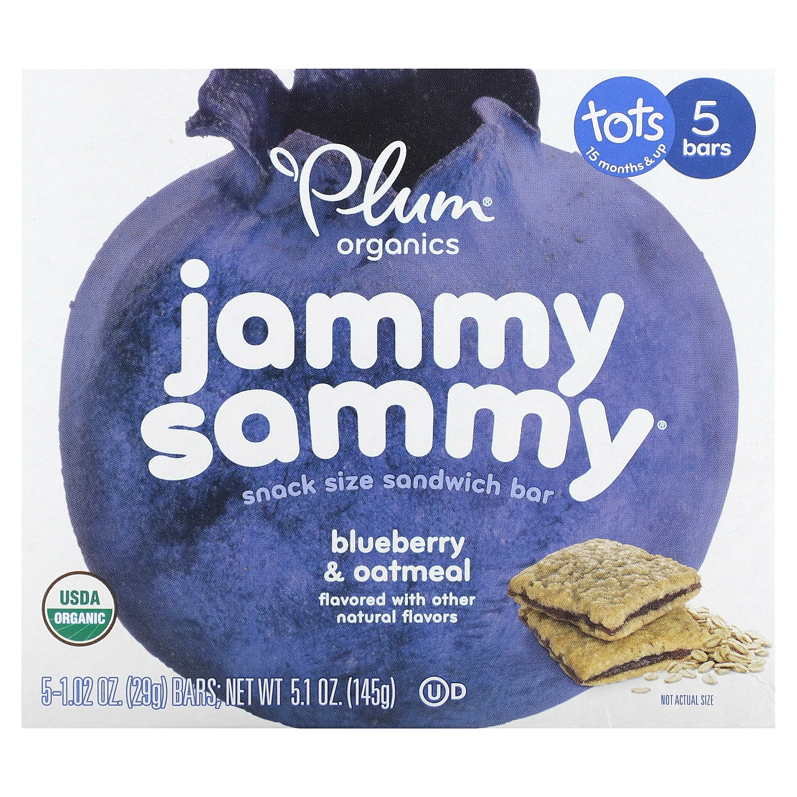 Plum Organics, Jammy Sammy, сэндвич-батончик для детей от 15 месяцев, черника и овсянка, 5 батончиков, 29 г (1,02 унции)