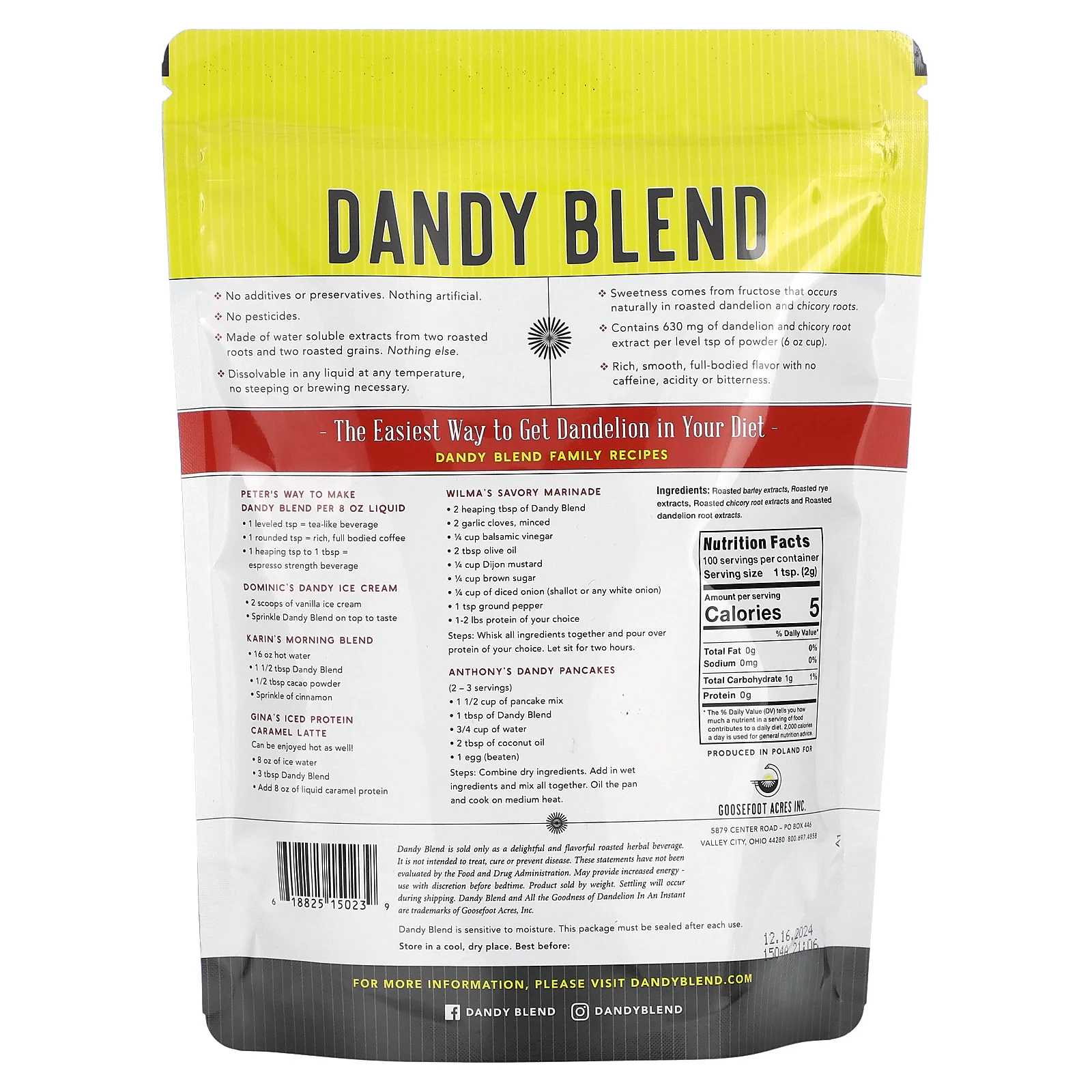 Dandy Blend, растворимый травяной напиток с одуванчиком, без кофеина, 200 г (7,05 унции)