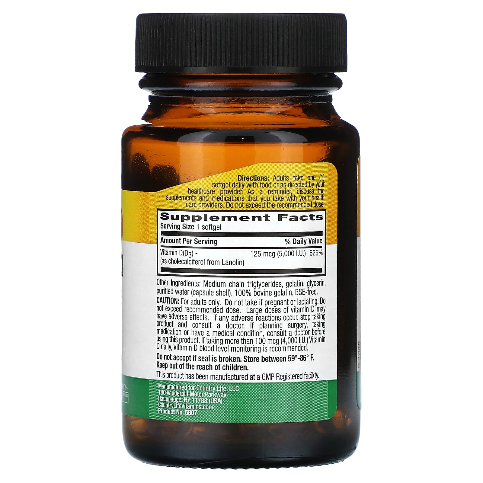 Country Life, витамин D3, 125 мкг (5000 МЕ), 60 мягких таблеток