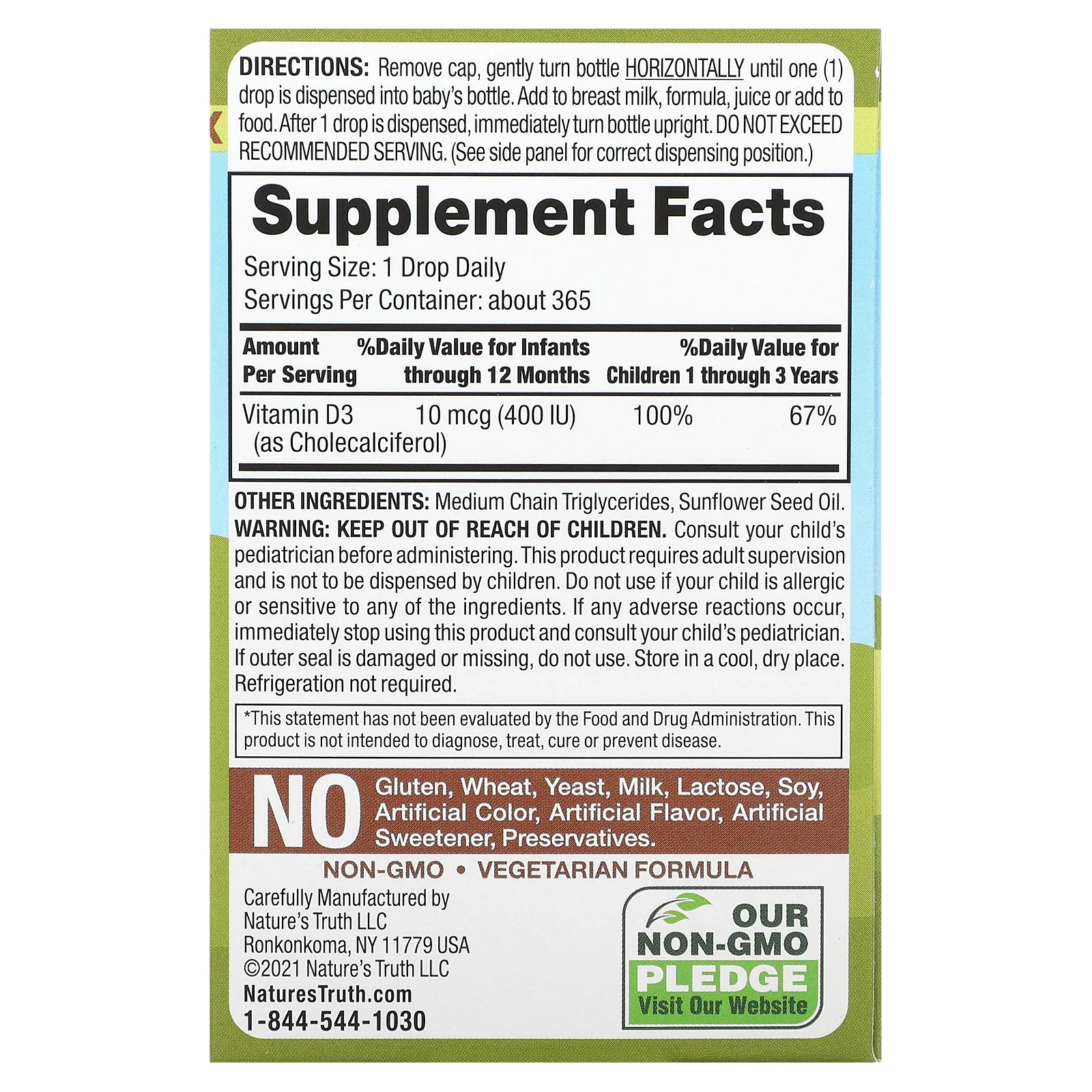 Nature's Truth, Vitamins, капли для детей D3, для новорожденных, 400 МЕ, 9,2 мл (0,31 жидк. Унции)