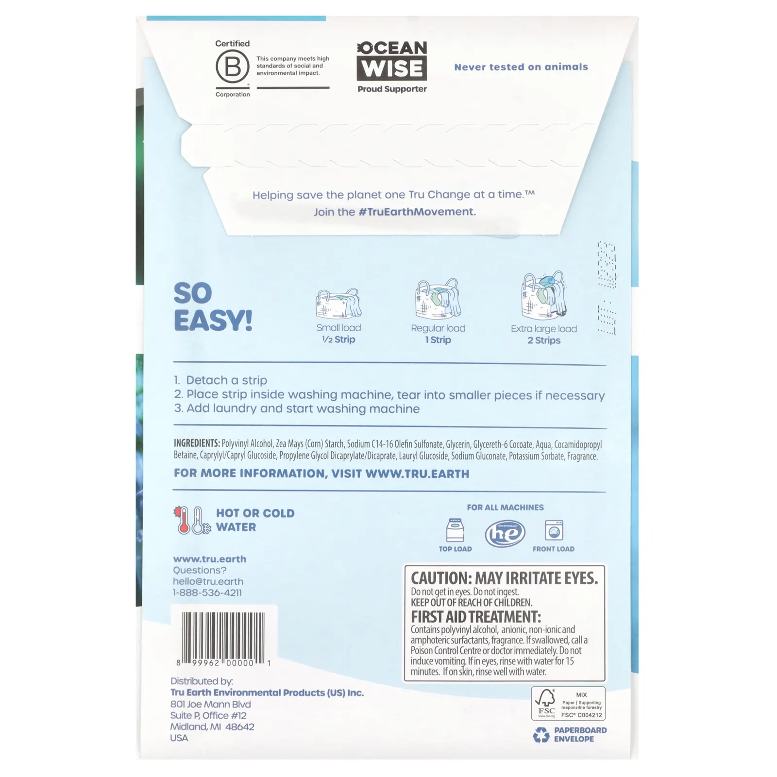 Tru Earth, Eco-Strips®, средство для стирки, ультраконцентрированное, из свежего белья, 32 полоски