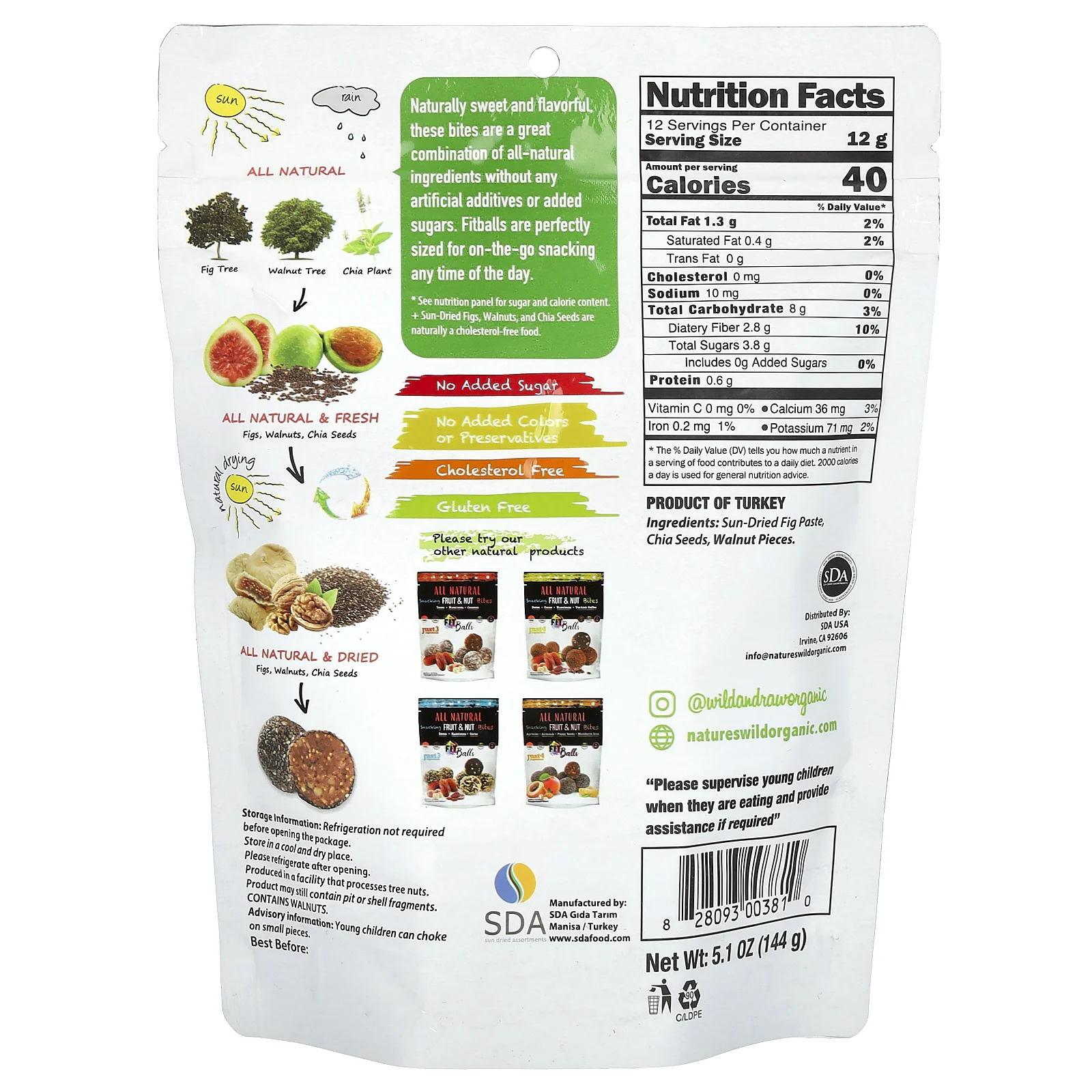 Nature's Wild Organic, Fitballs, натуральные снеки из фруктов и орехов, инжир, грецкие орехи и семена чиа, 144 г (5,1 унции)