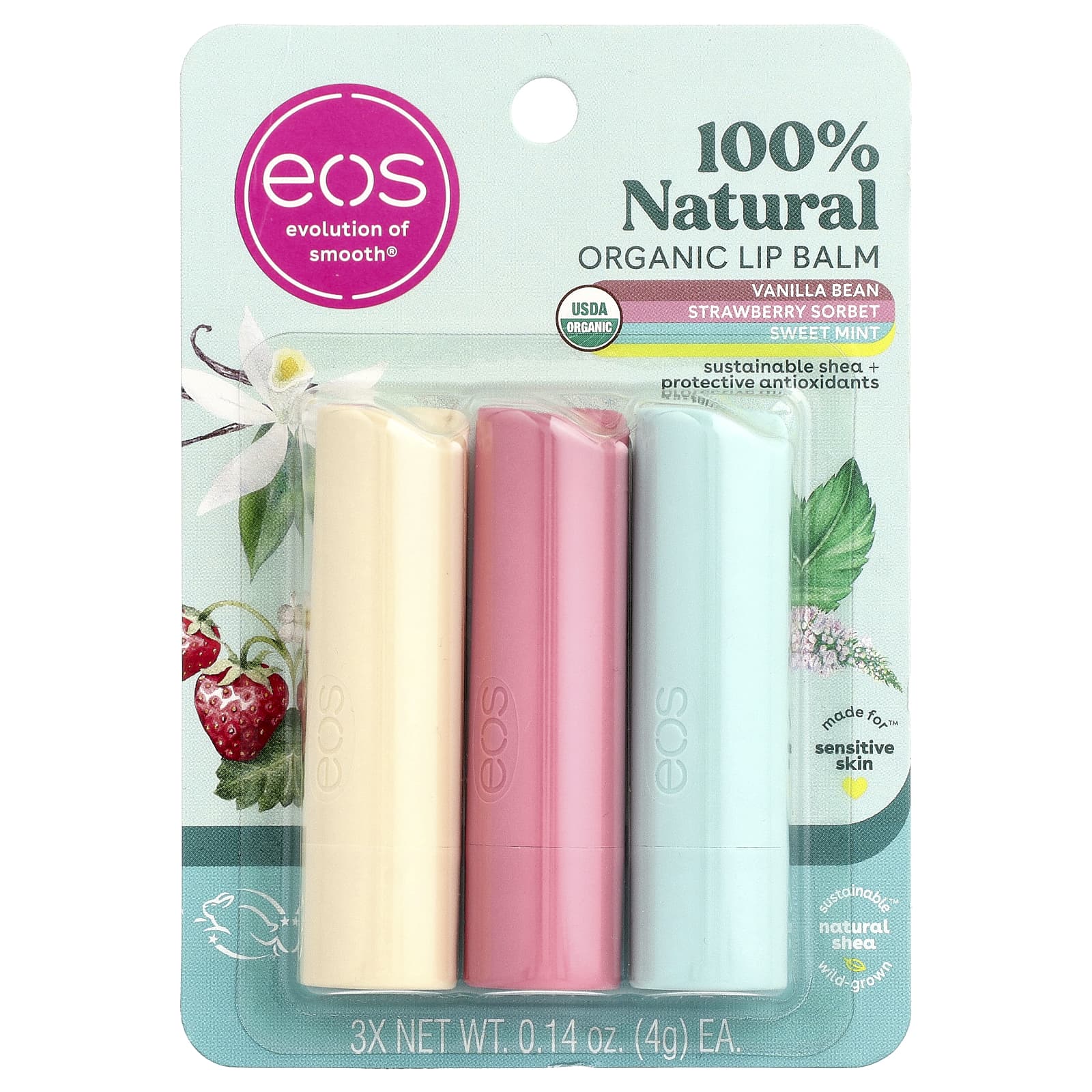 EOS, 100% натуральный органический бальзам для губ, ассорти вкусов, 3 шт. по 4 г (0,14 унции)