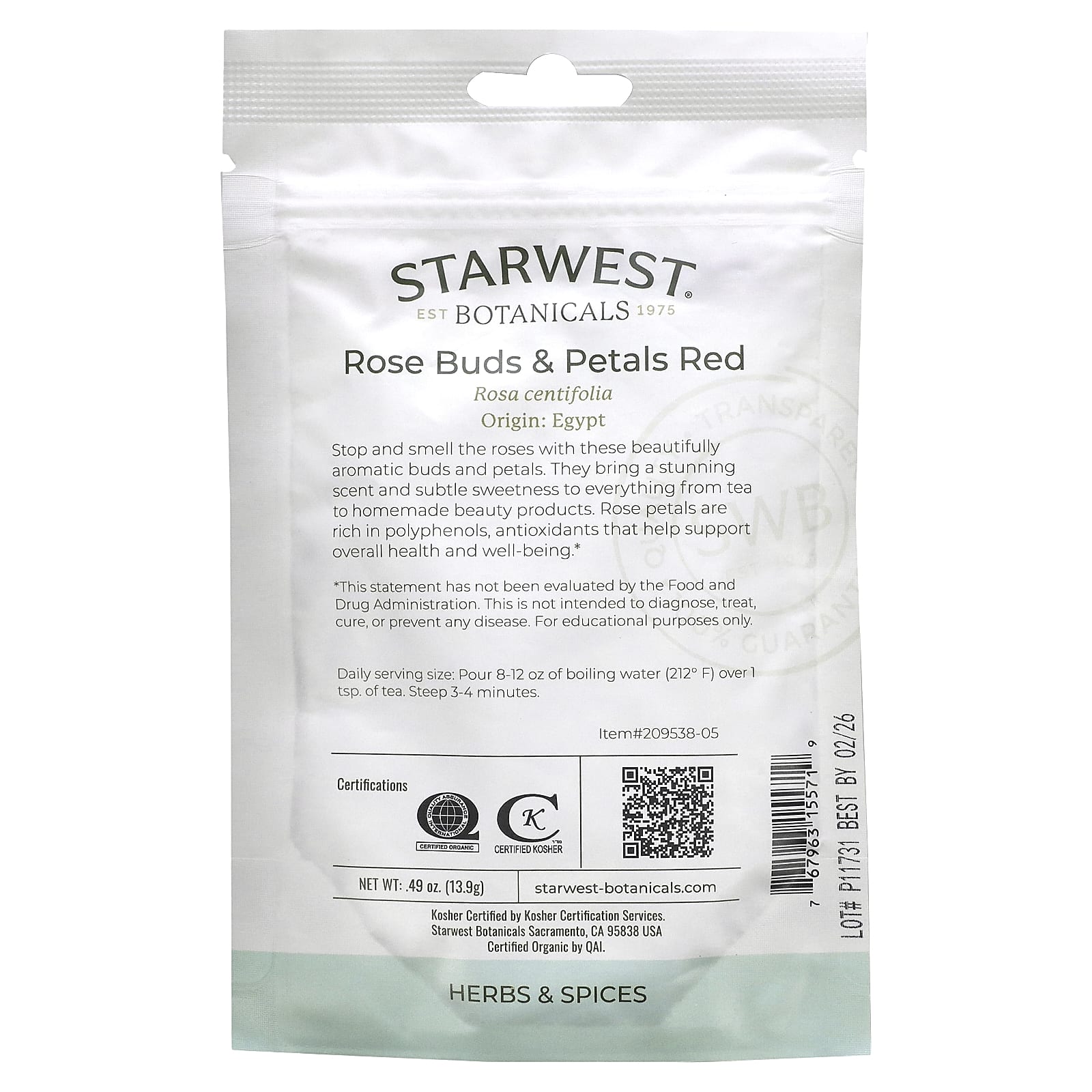 Starwest Botanicals, Органические красные бутоны и лепестки роз, 13,9 г (0,49 унции)
