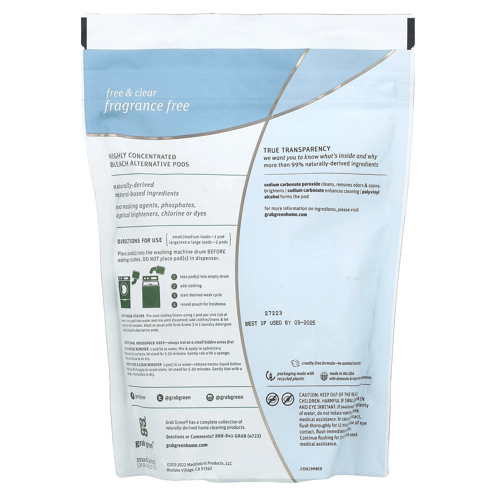 Grab Green, альтернативные капсулы для отбеливания, без отдушки, 24 загрузки, 432 г (15,2 унции)