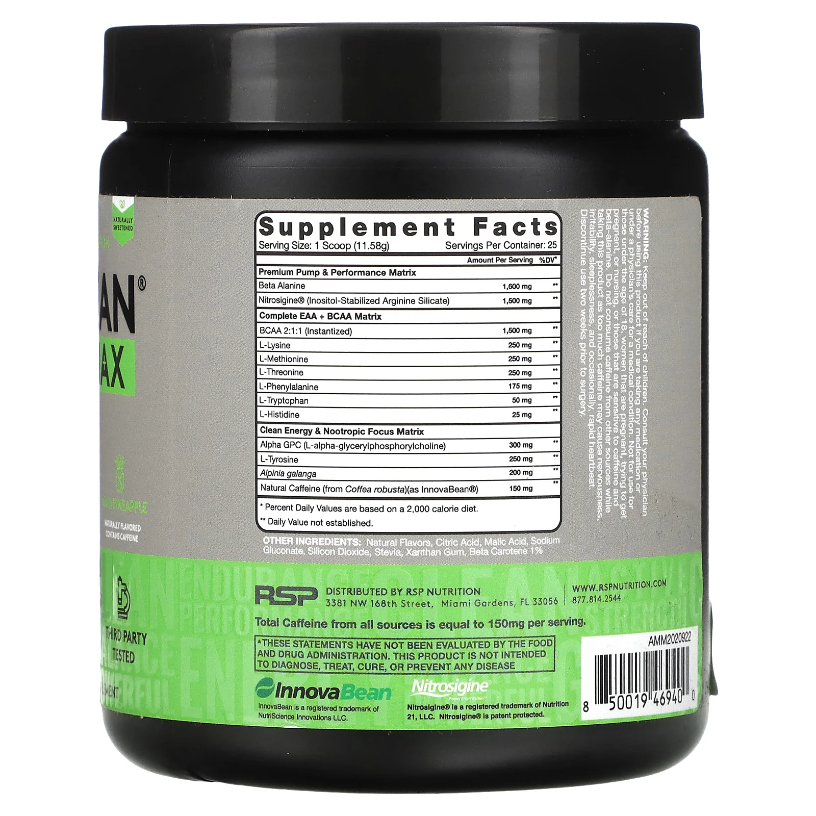 RSP Nutrition, AminoLean Max, добавка для повышения уровня энергии перед тренировкой, ананас, 290 г (10,21 унции)