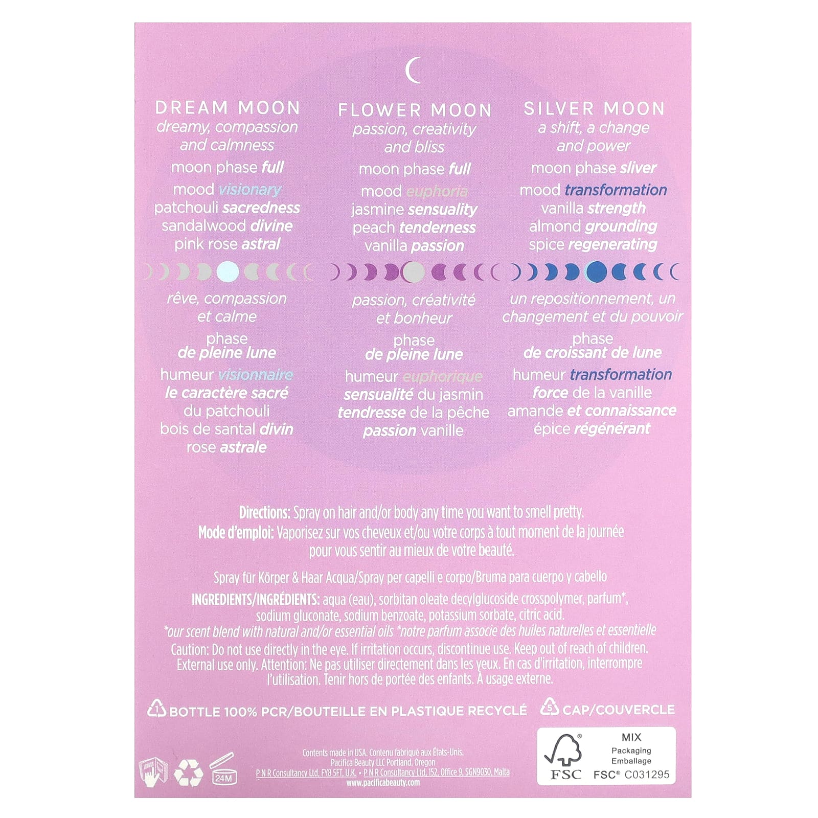 Pacifica, Спрей для волос и тела, Moon Mood, 3 пакетика по 59 мл (2 жидк. Унции)
